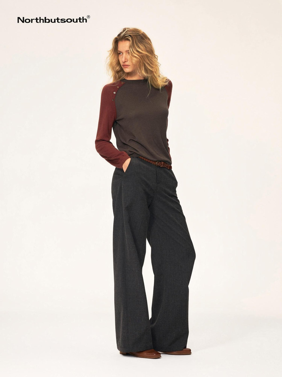 Northbutsouth Colorblock Asymmetric Button Round Neck Raglan Sleeve Loose Knit Women&