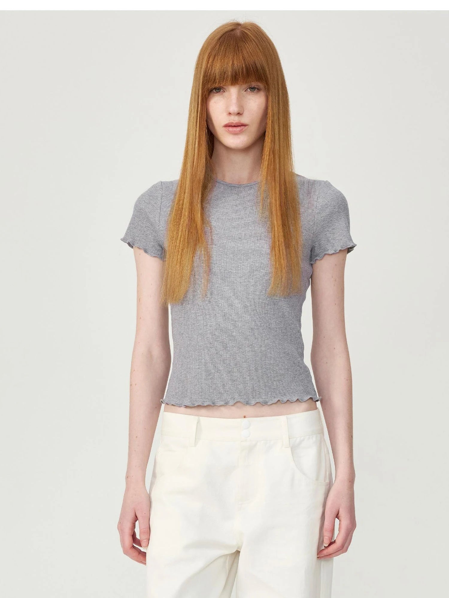 Colorful Ribbed Cotton Knit T-shirt With Ruffle Trim