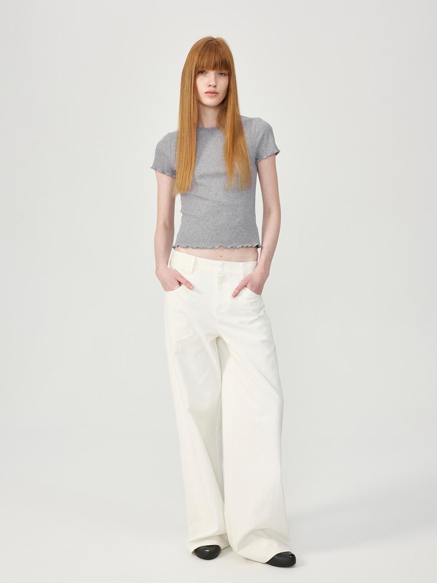 Northbutsouth Colorful Ribbed Cotton Knit T-shirt With Ruffle Trim