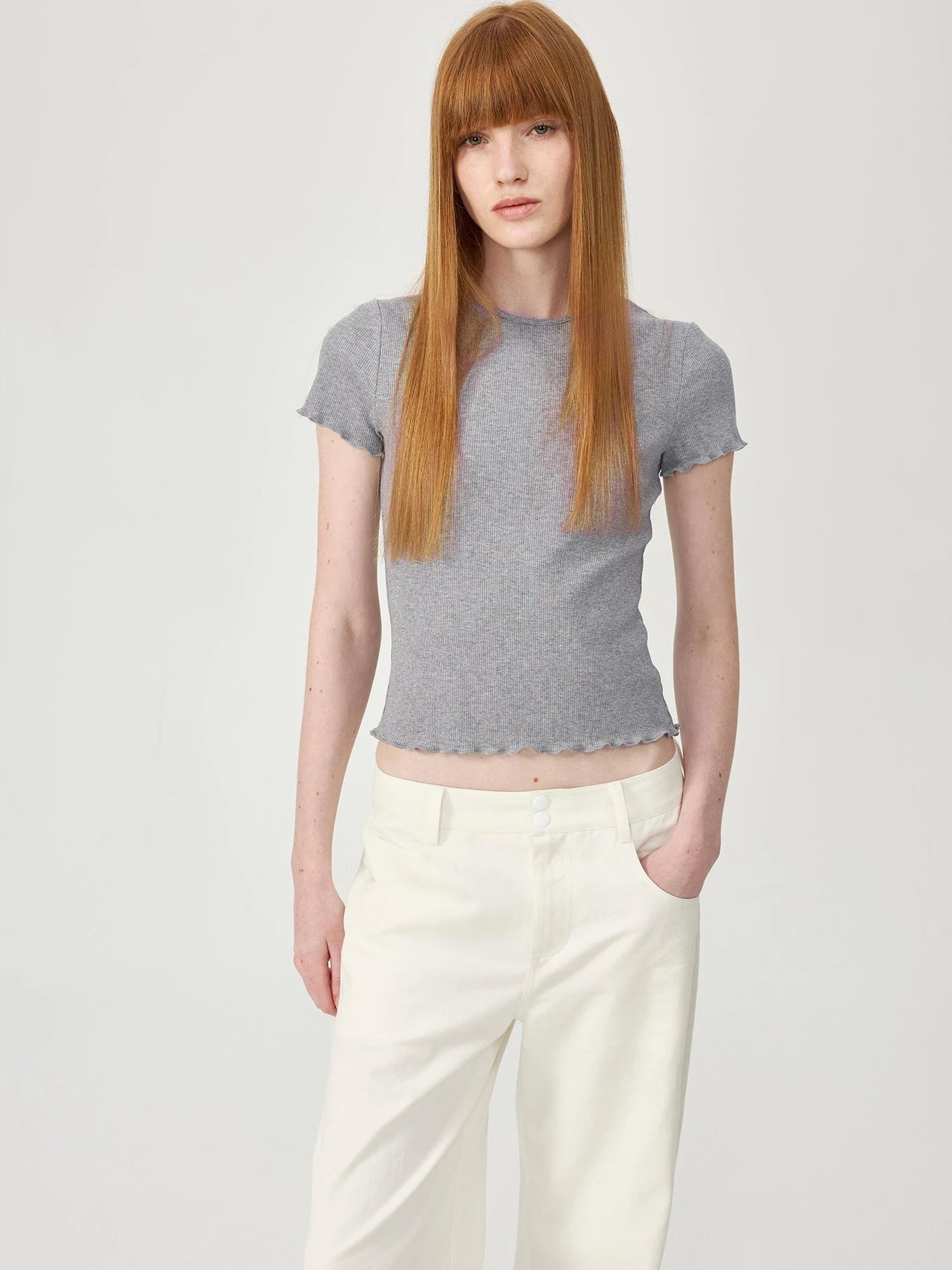 Colorful Ribbed Cotton Knit T-shirt With Ruffle Trim