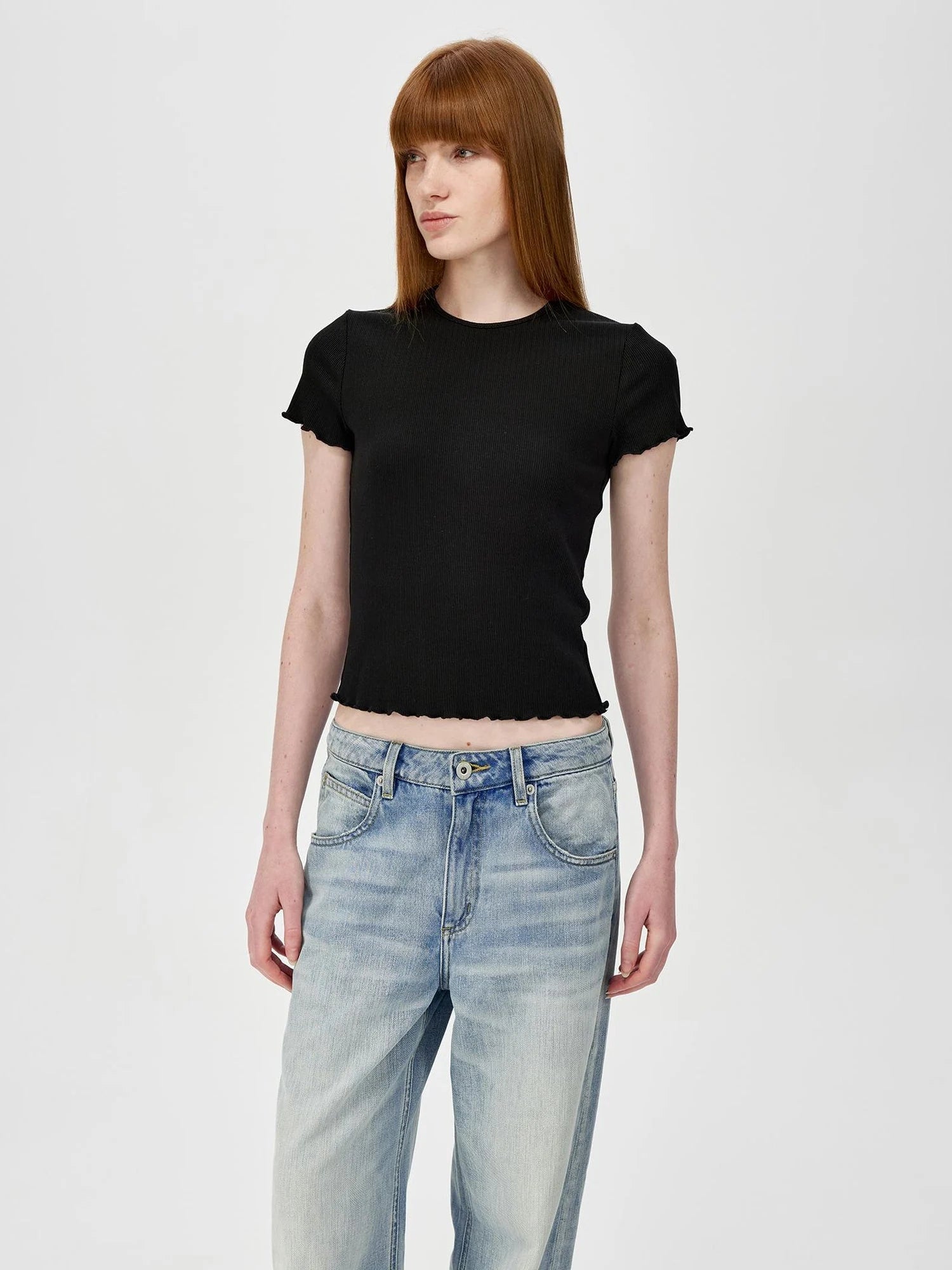 Colorful Ribbed Cotton Knit T-shirt With Ruffle Trim