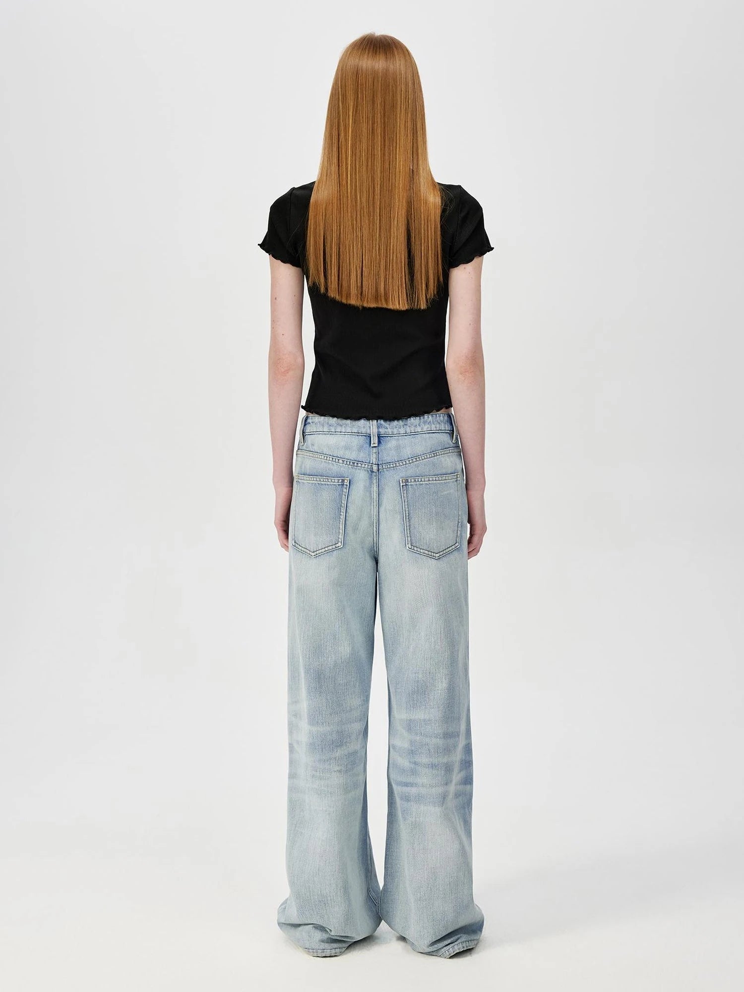 Colorful Ribbed Cotton Knit T-shirt With Ruffle Trim