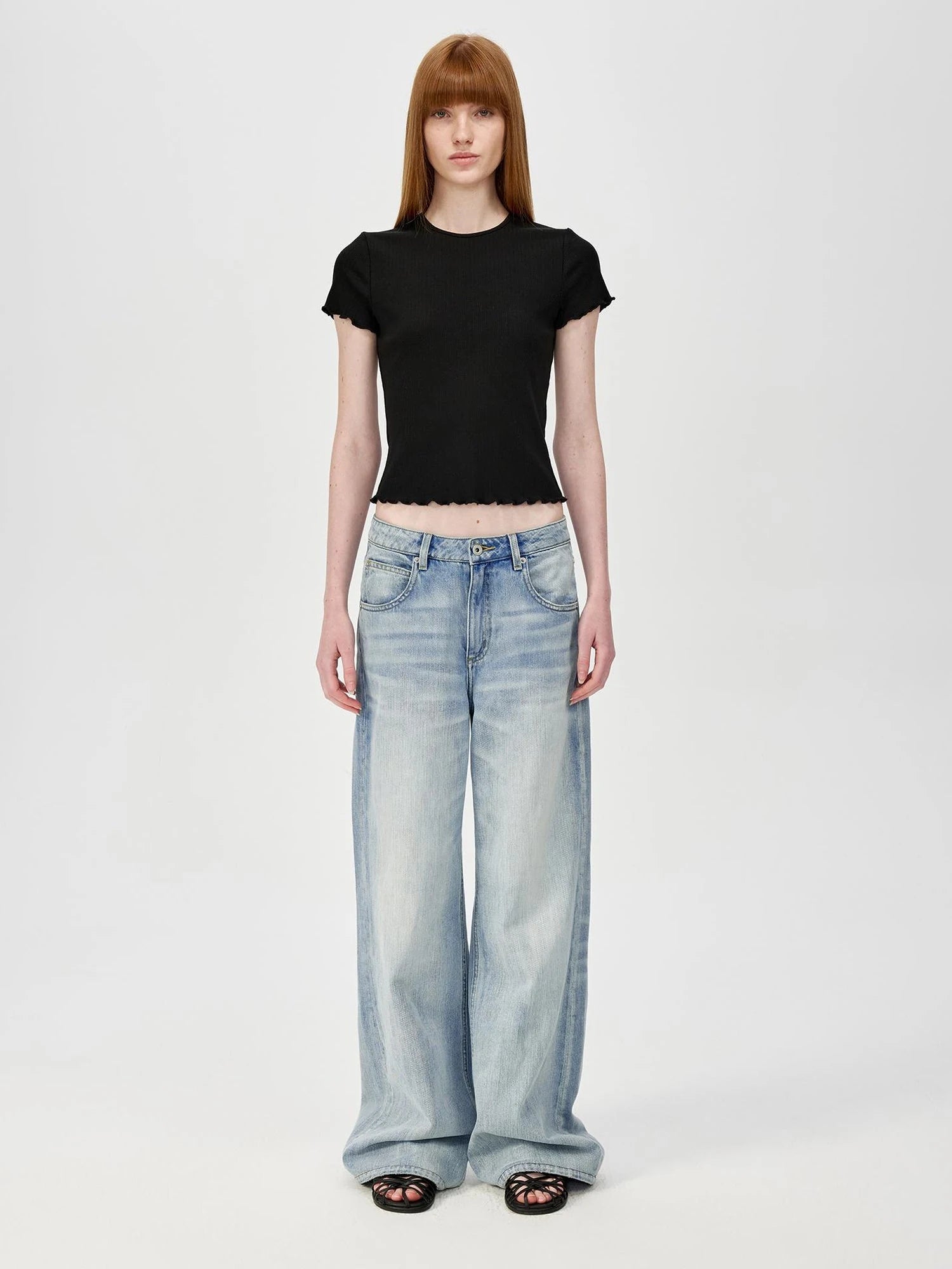 Colorful Ribbed Cotton Knit T-shirt With Ruffle Trim