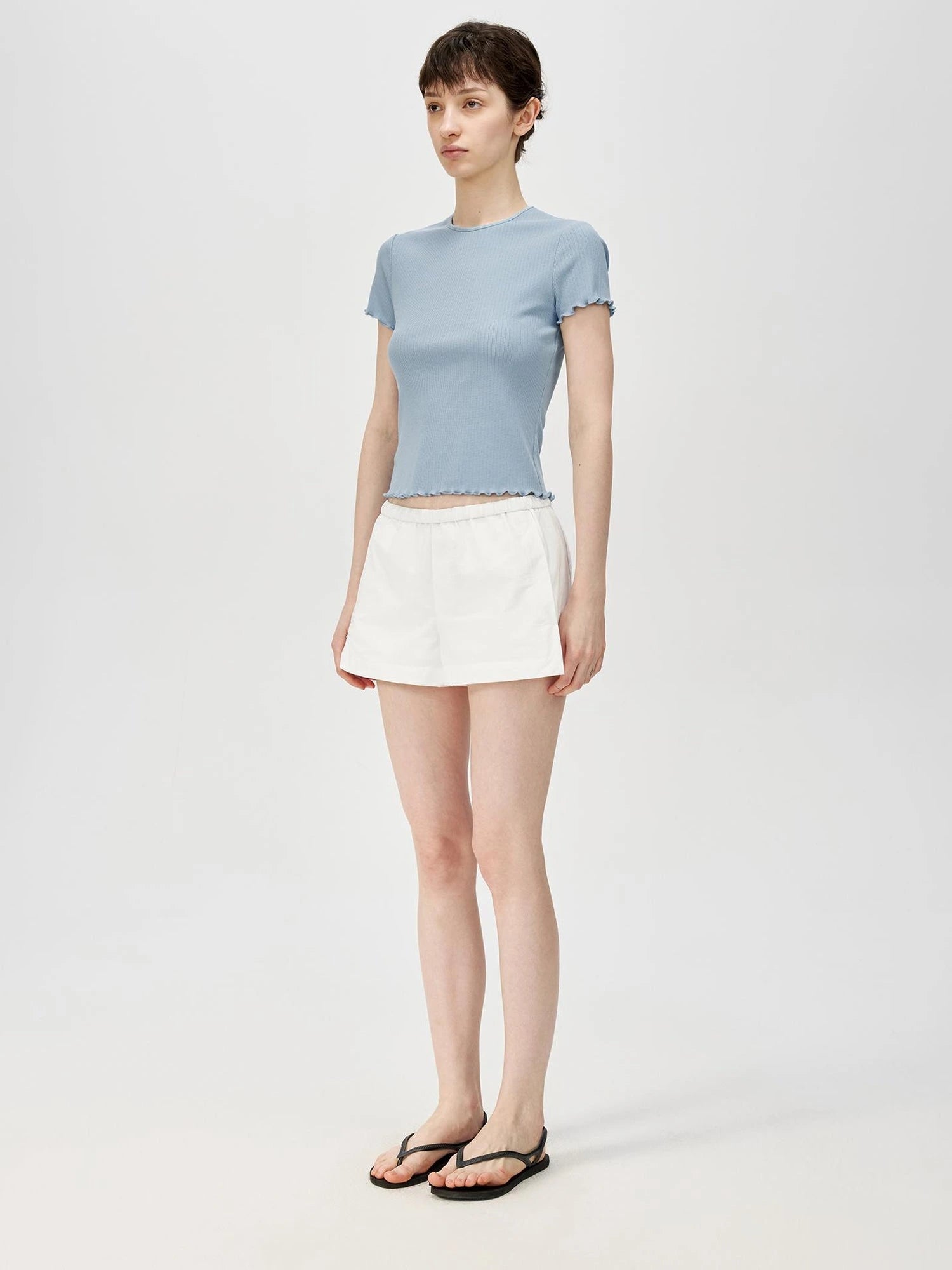 Colorful Ribbed Cotton Knit T-shirt With Ruffle Trim