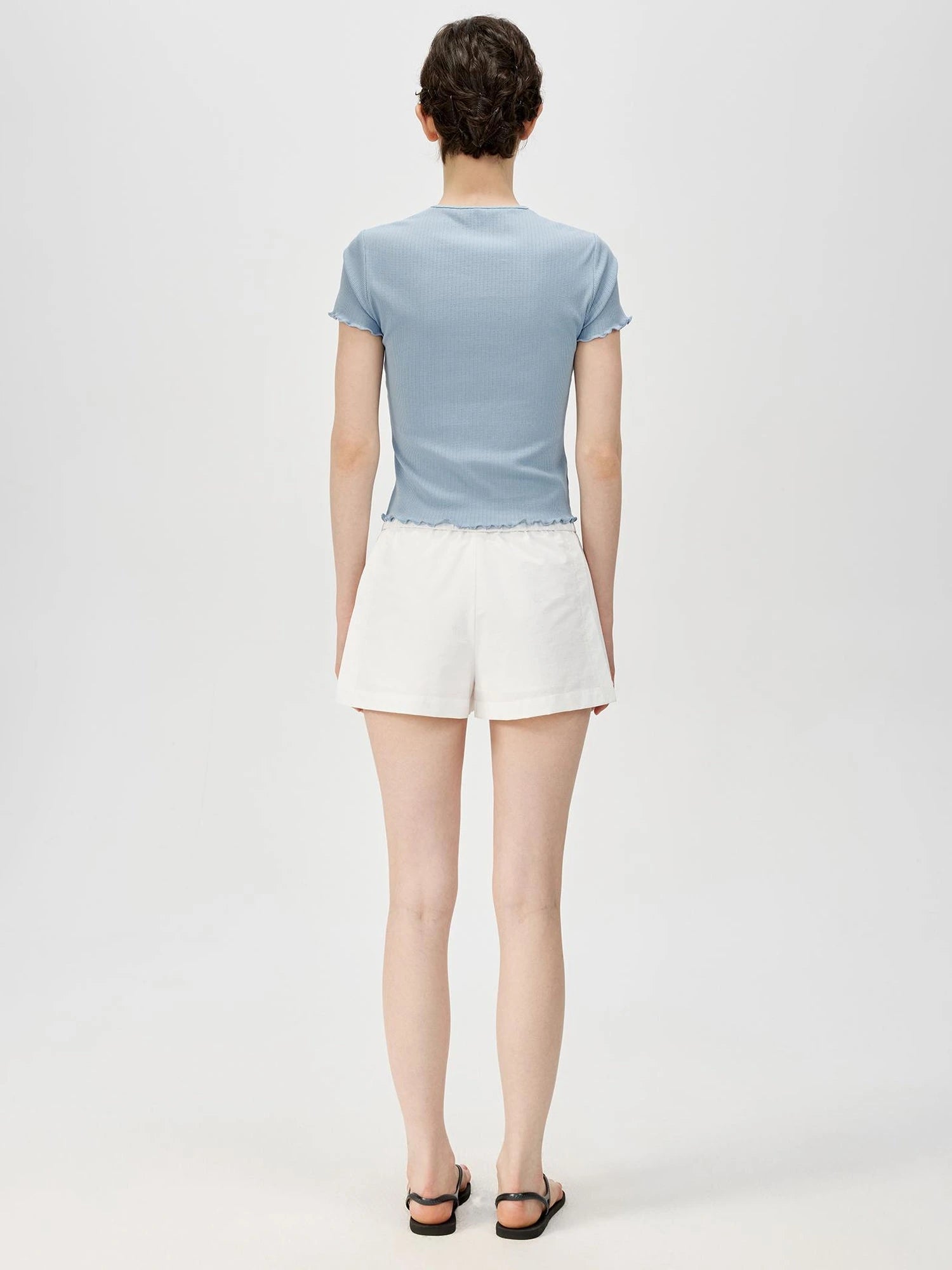 Colorful Ribbed Cotton Knit T-shirt With Ruffle Trim