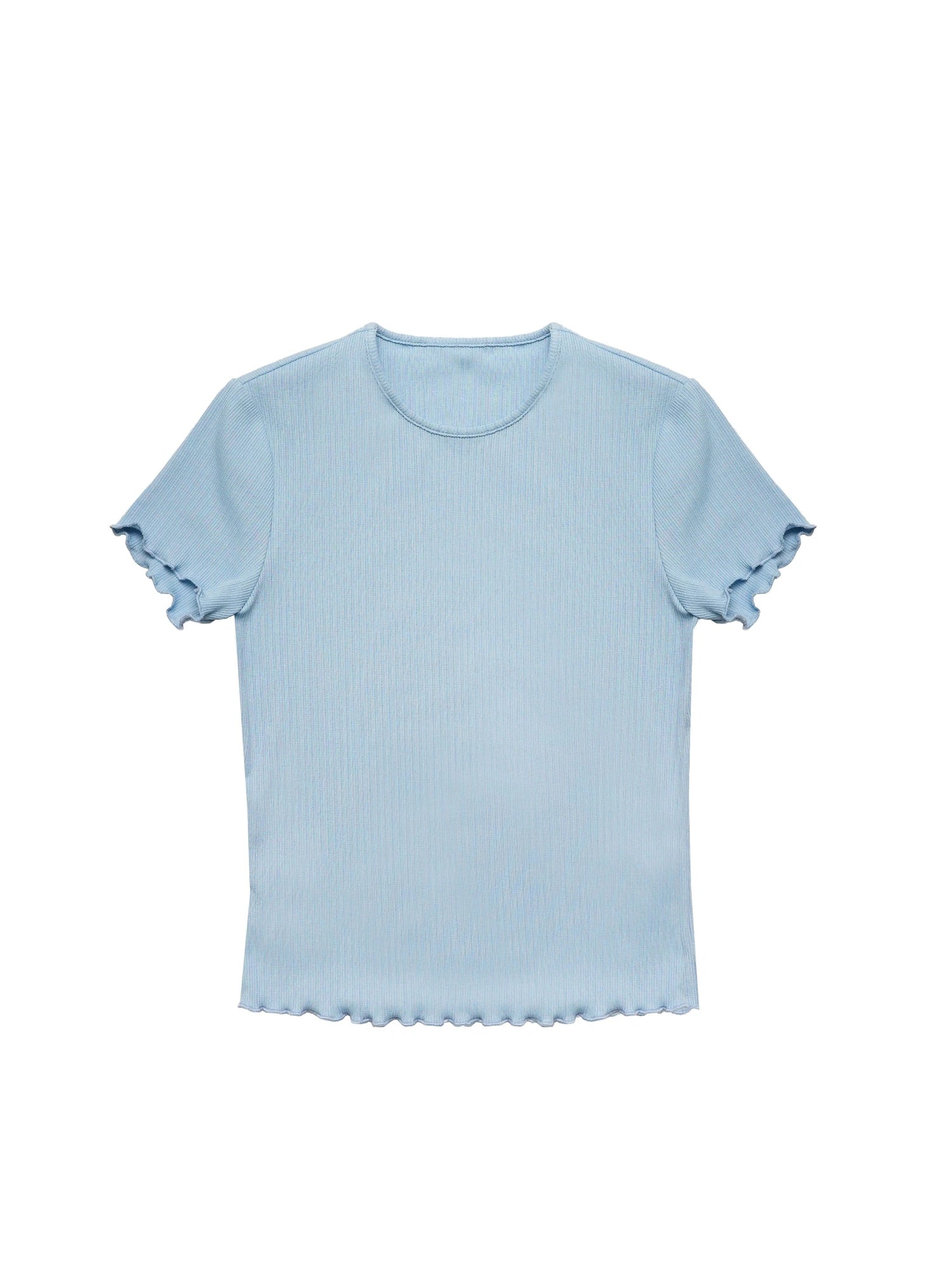 Colorful Ribbed Cotton Knit T-shirt With Ruffle Trim