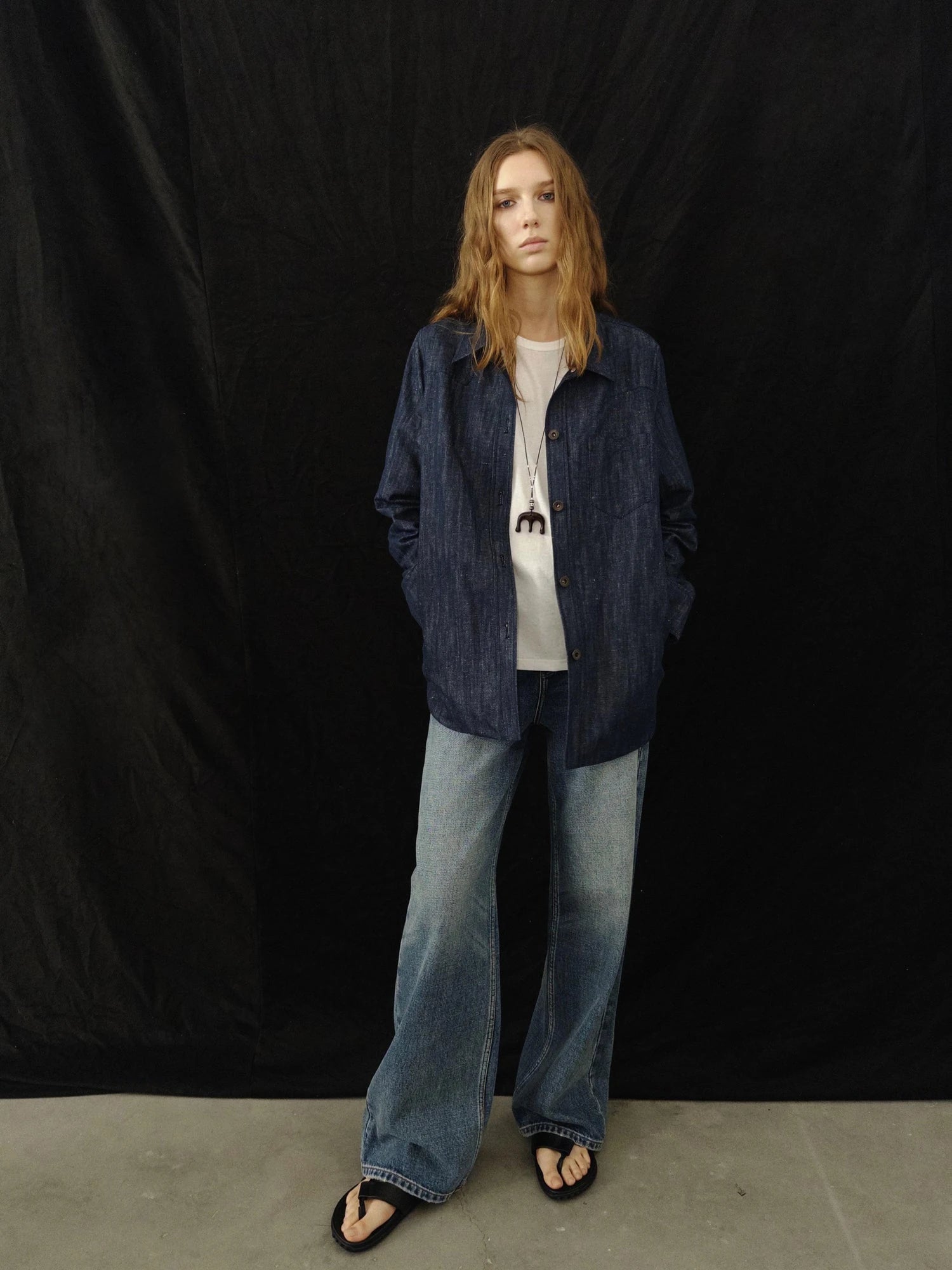 Cotton Linen Denim Logo Button Casual Jacket