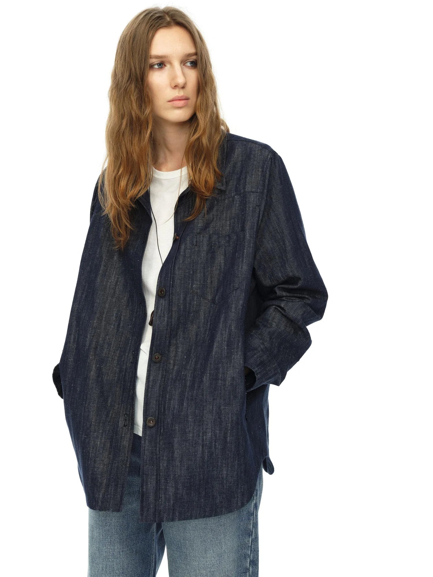 Cotton Linen Denim Logo Button Casual Jacket