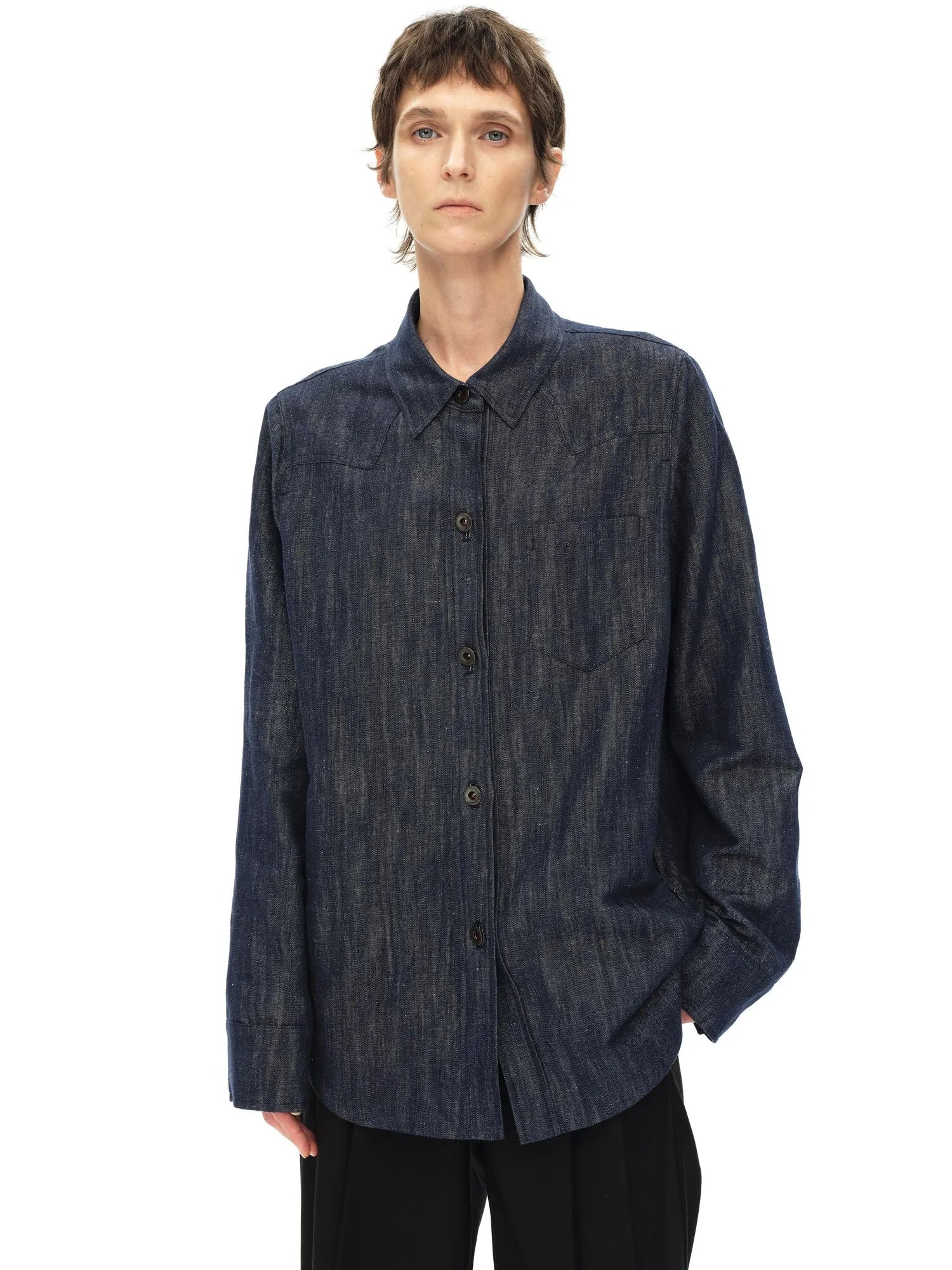 Cotton Linen Denim Logo Button Casual Jacket