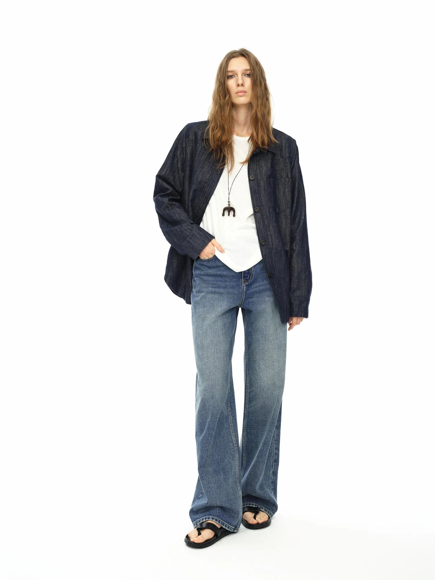 Cotton Linen Denim Logo Button Casual Jacket