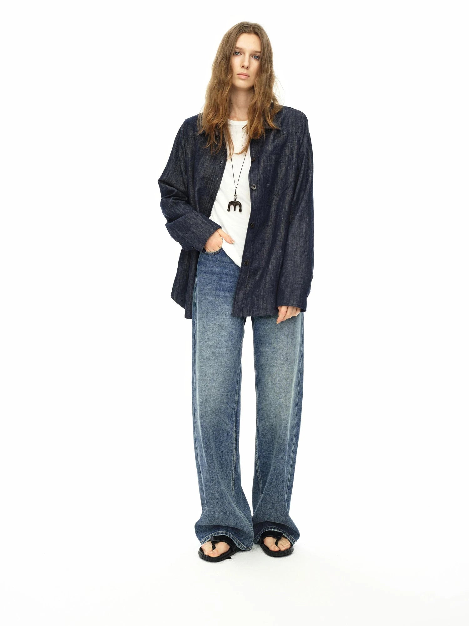 Cotton Linen Denim Logo Button Casual Jacket