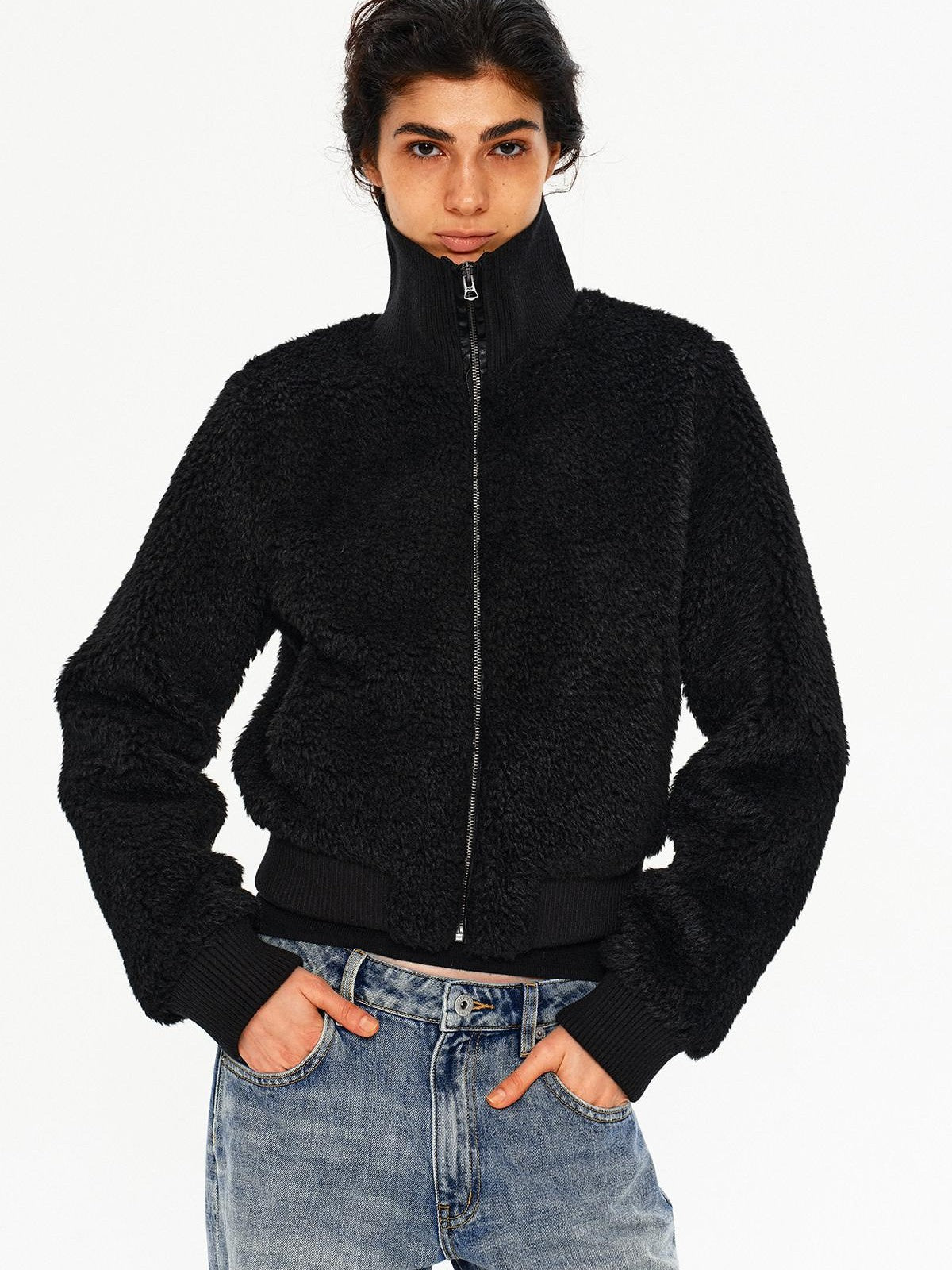 Northbutsouth Curly Lamb Patchwork Stand Collar Ribbed Hem Women&