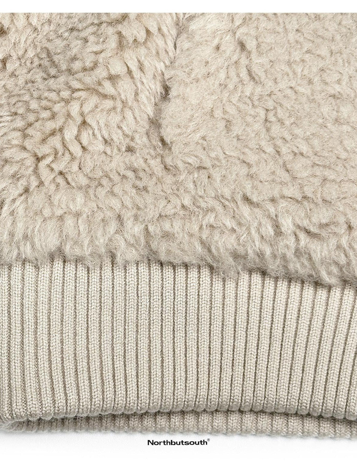 Northbutsouth Curly Lamb Patchwork Stand Collar Ribbed Hem Women&