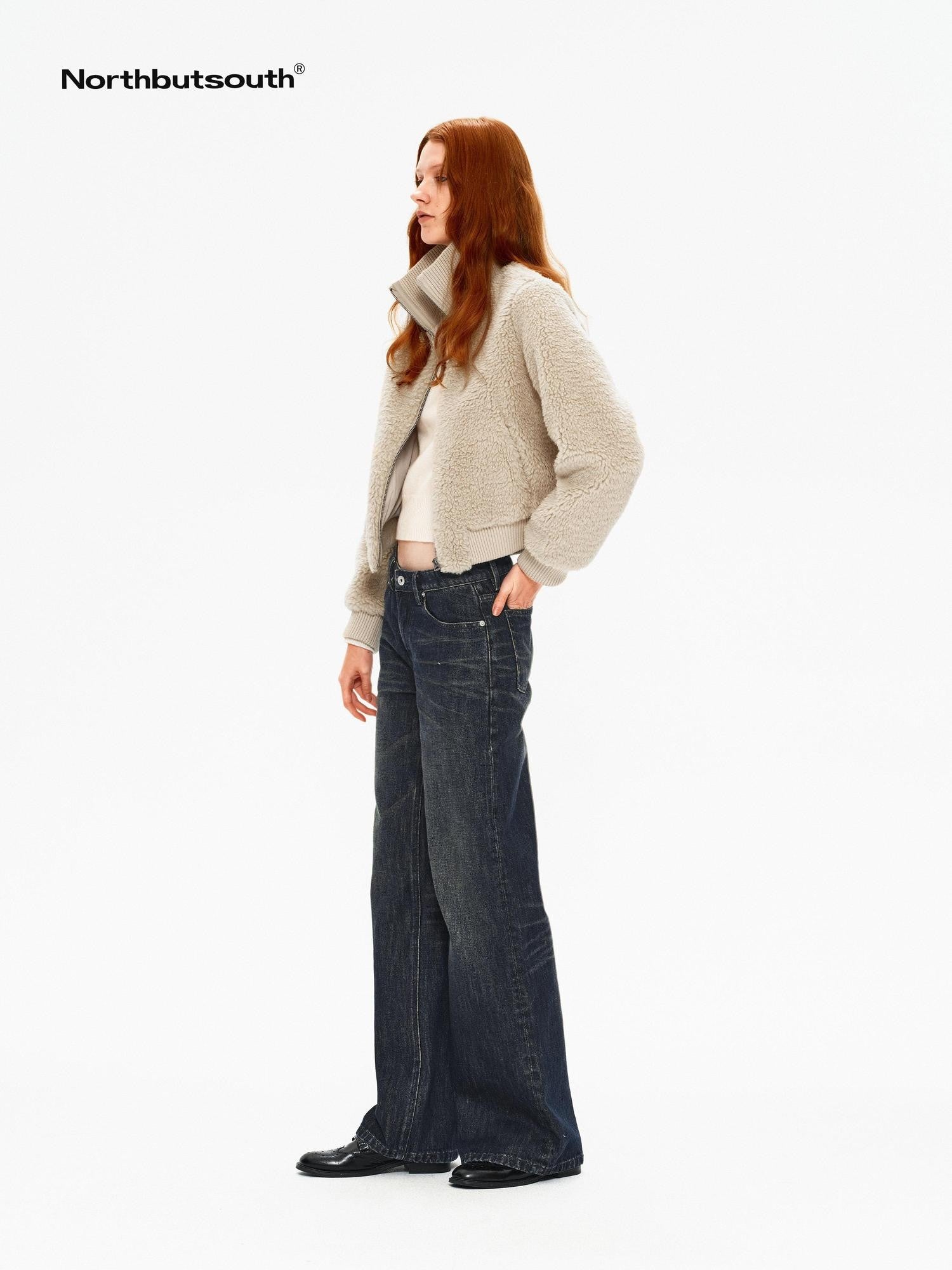 Northbutsouth Curly Lamb Patchwork Stand Collar Ribbed Hem Women&
