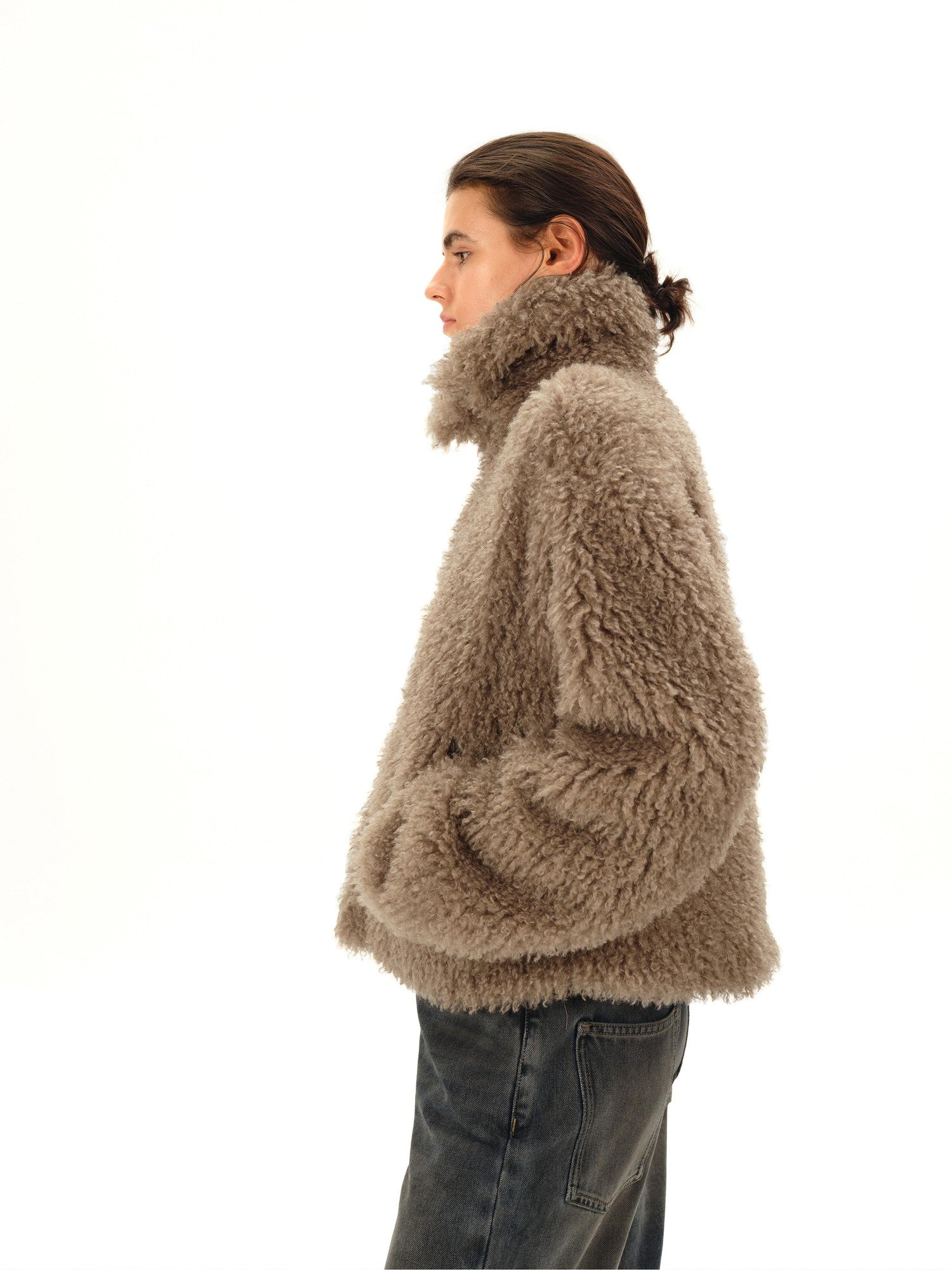 Northbutsouth Dandelion Touch Micro Curl Stand Collar High Waist Women&