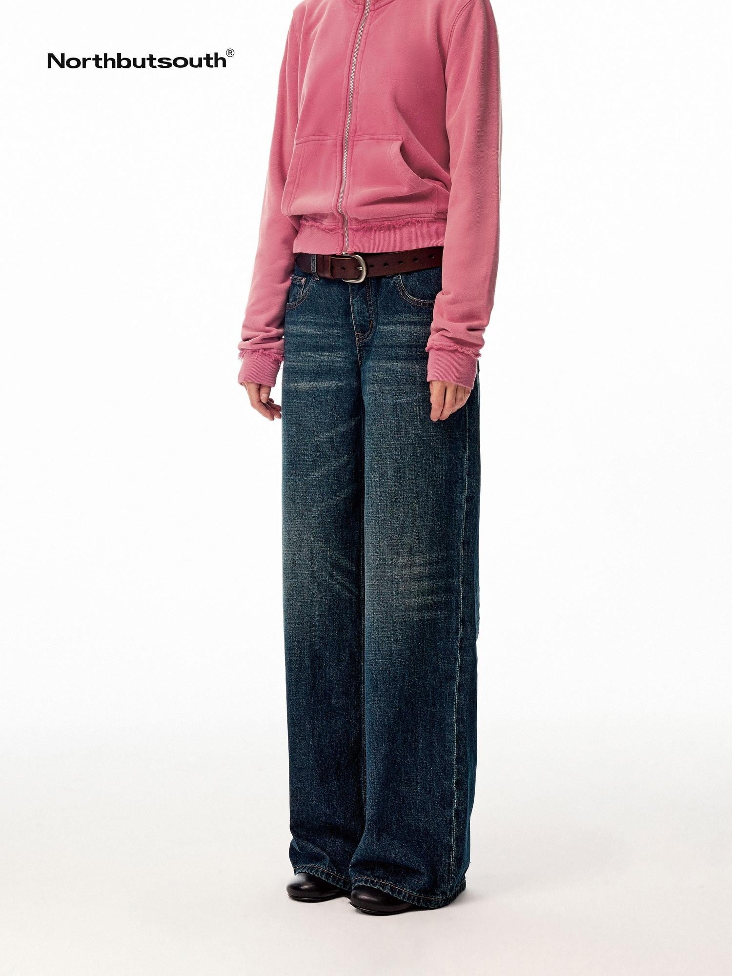 Northbutsouth Dark Indigo Slub Texture Retro Low Rise Casual Women&
