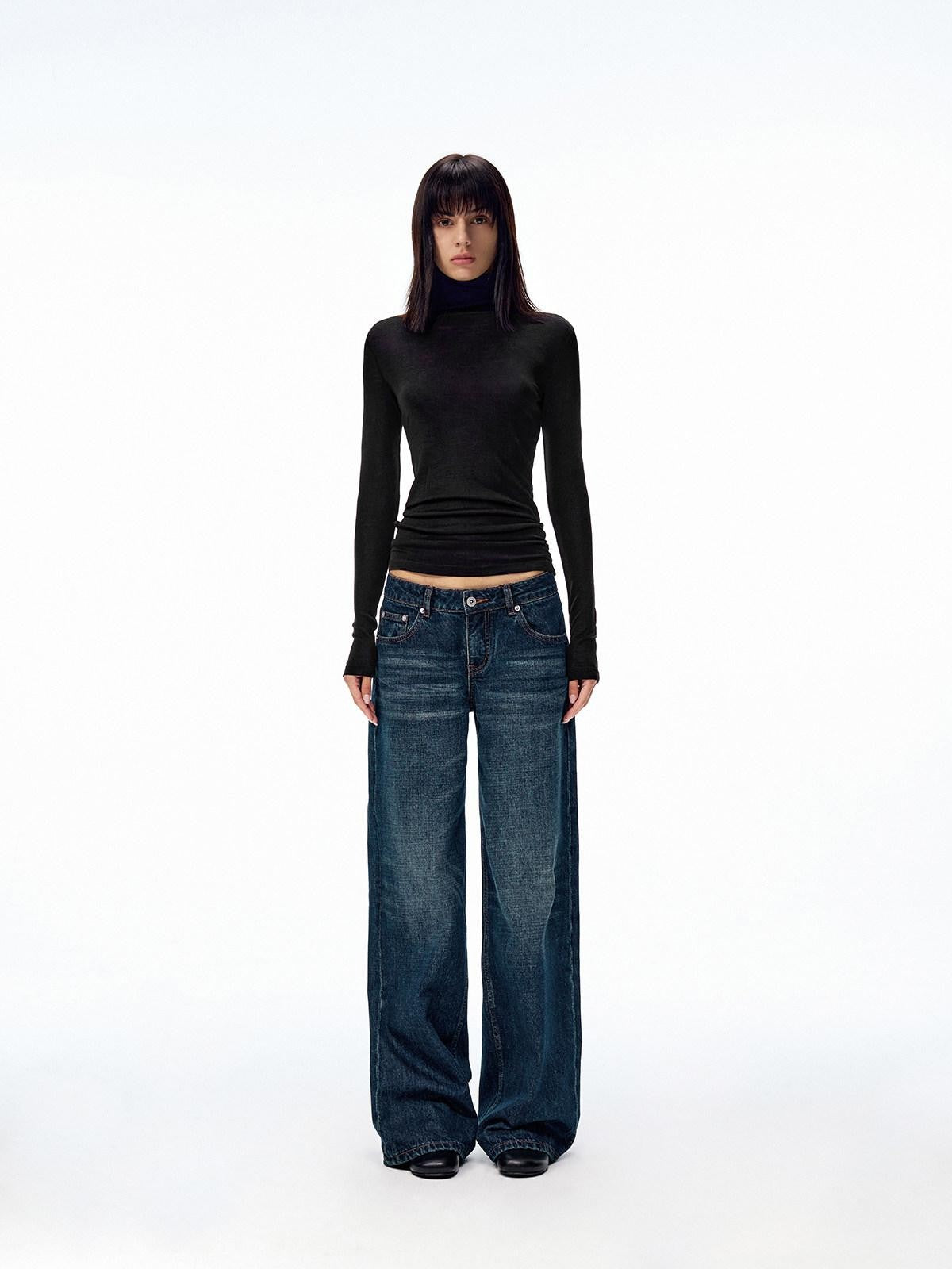 Northbutsouth Dark Indigo Slub Texture Retro Low Rise Casual Women&