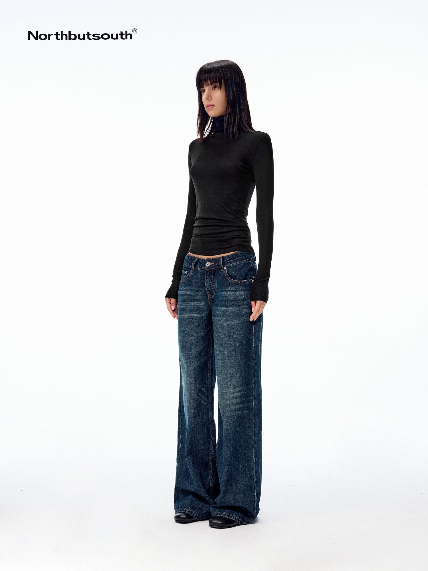 Northbutsouth Dark Indigo Slub Texture Retro Low Rise Casual Women&