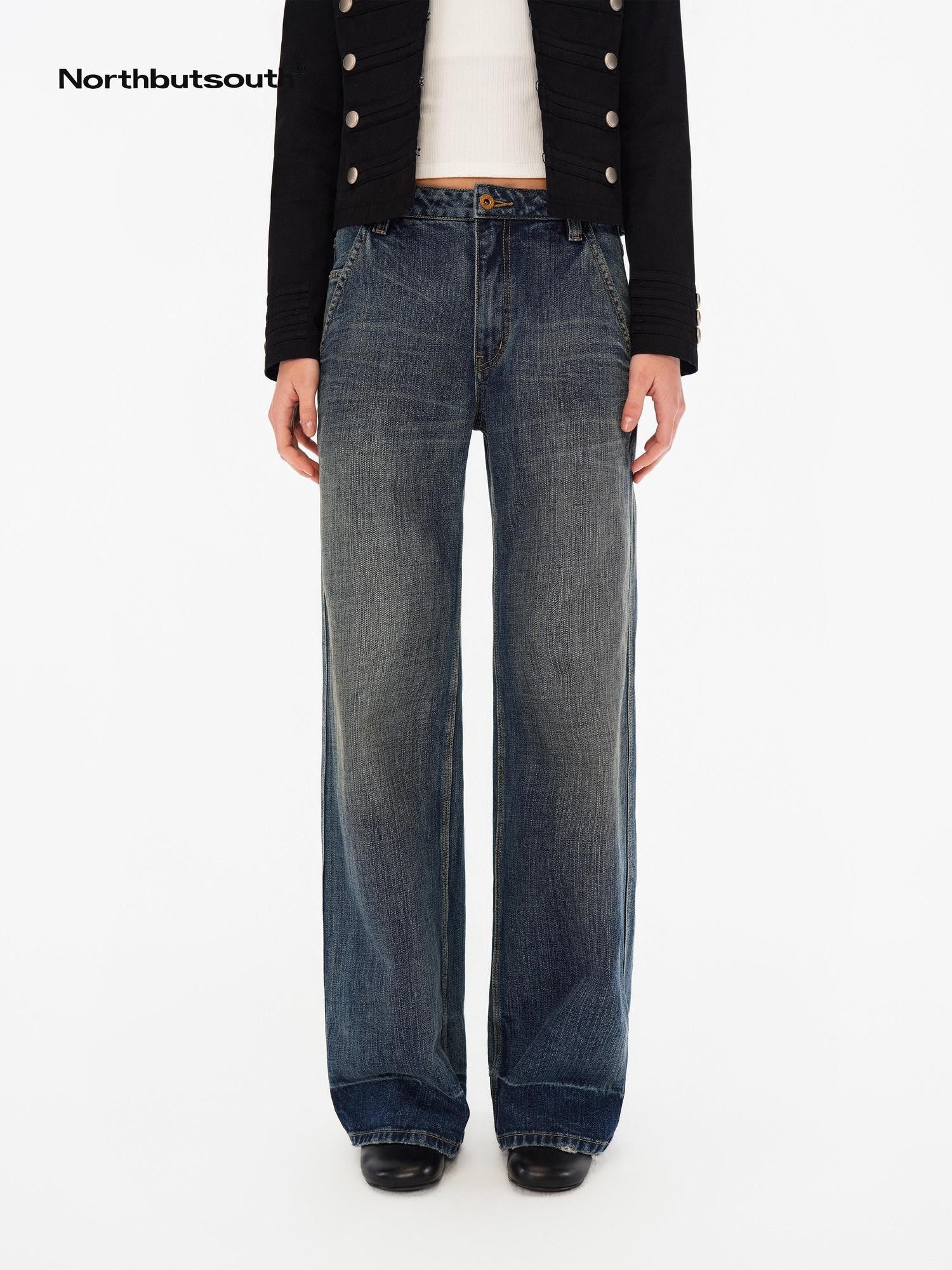 Northbutsouth Deep Blue Washed Whisker Slanted Pockets Women&