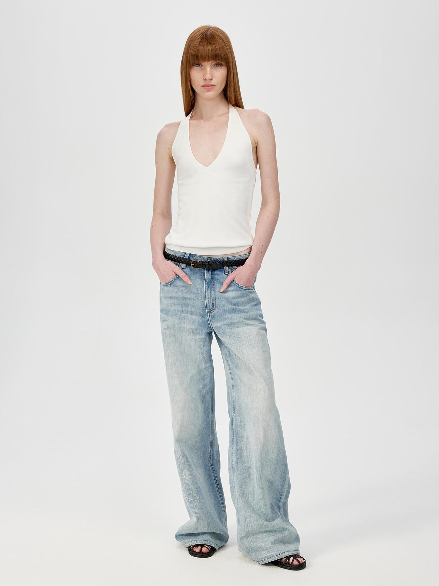 Northbutsouth Deep V Halter Backless Holiday Top In Black And White