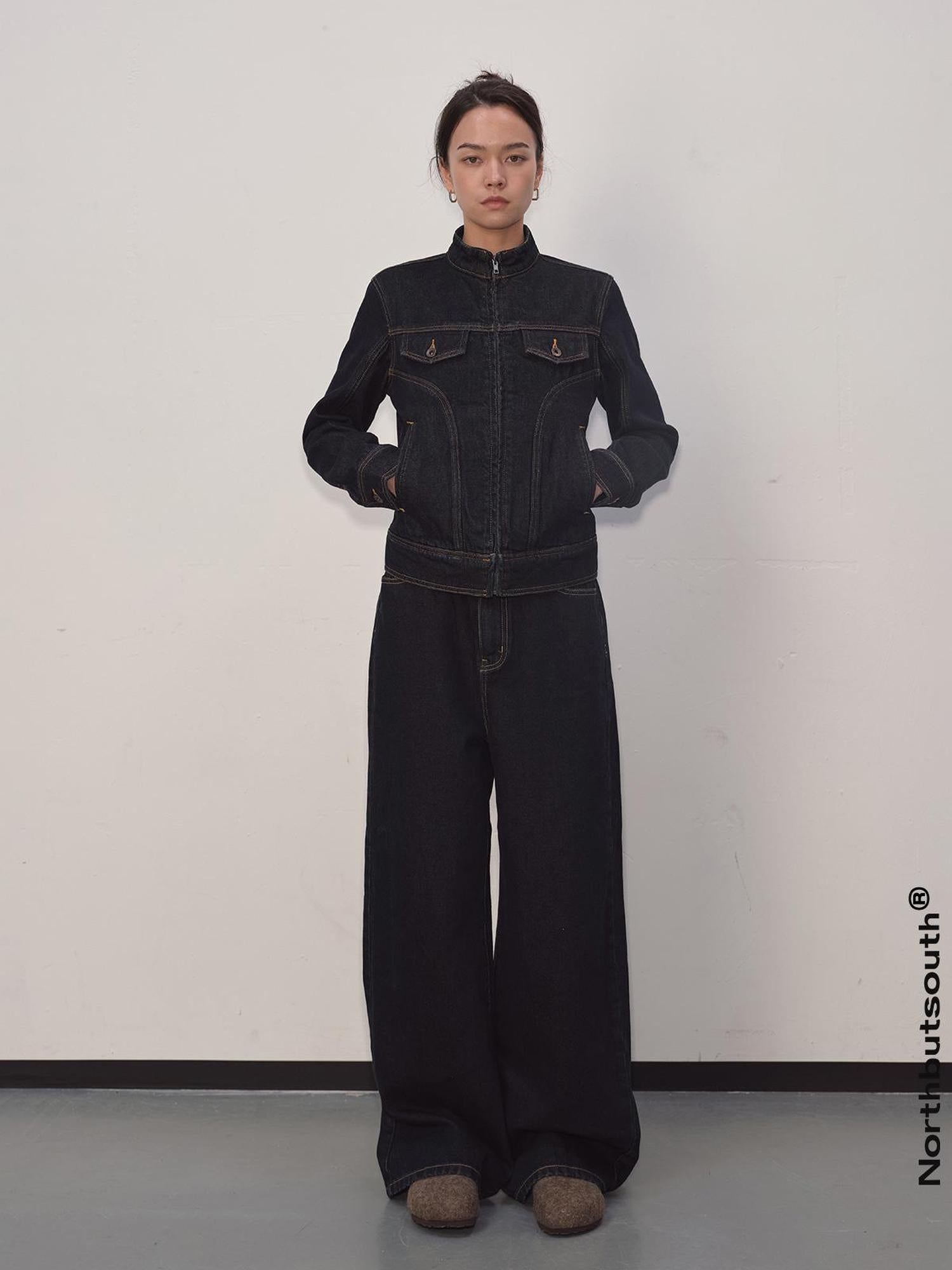 Northbutsouth Denim Suit Set With Cropped Jacket And Wide Leg Jeans