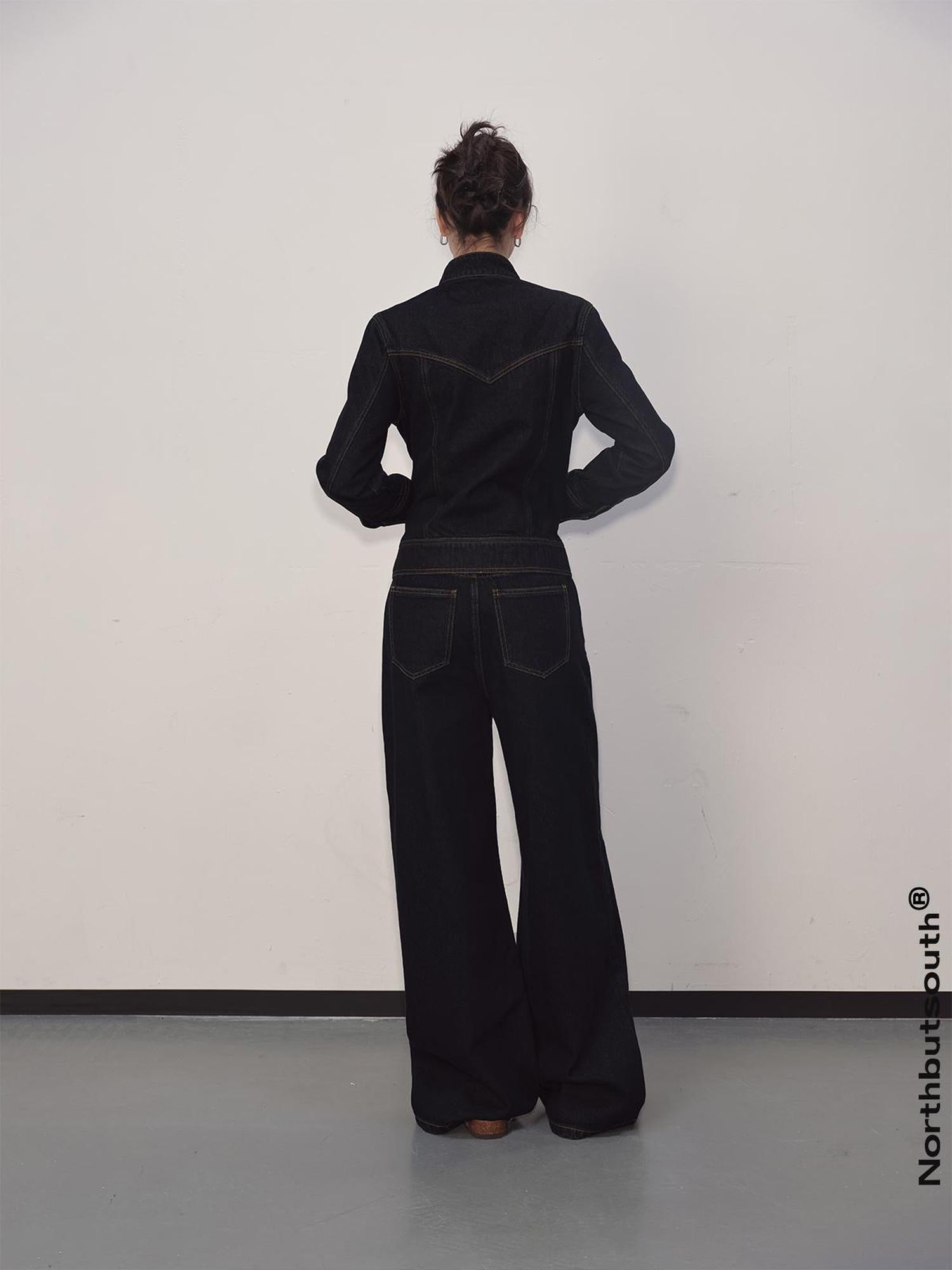 Northbutsouth Denim Suit Set With Cropped Jacket And Wide Leg Jeans