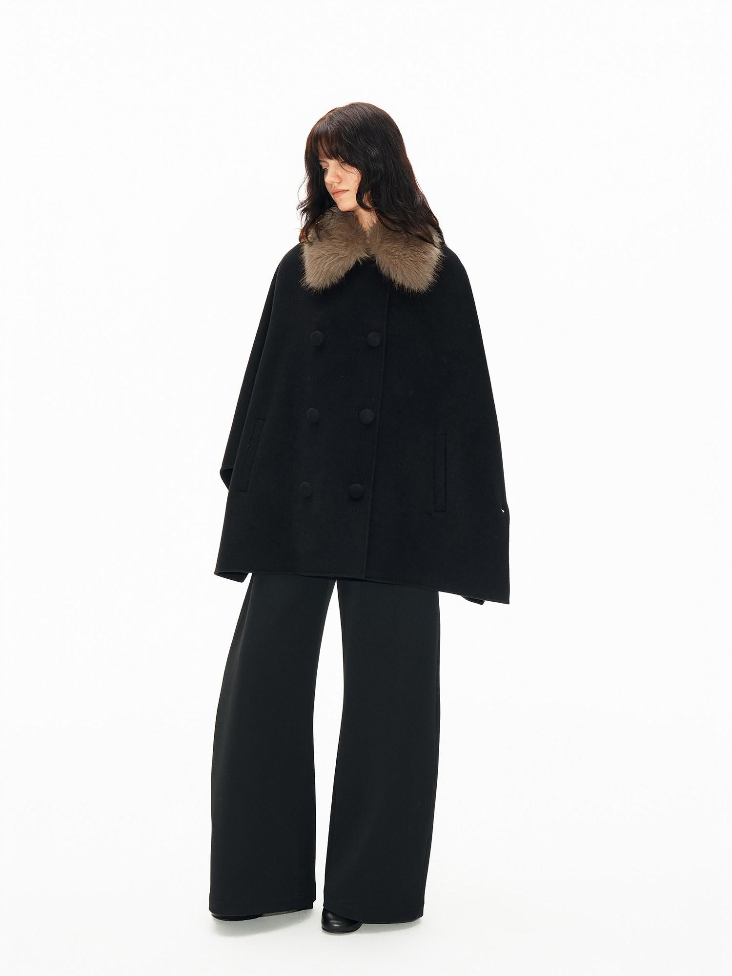 Northbutsouth Detachable Fur Collar Cape Batwing Women&