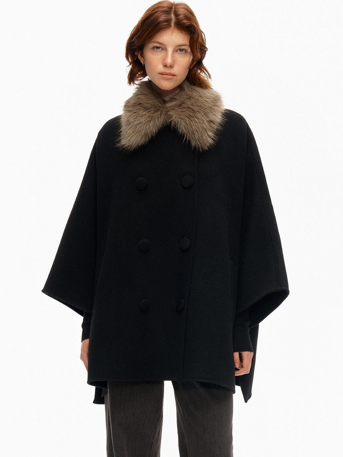Northbutsouth Detachable Fur Collar Cape Batwing Women&
