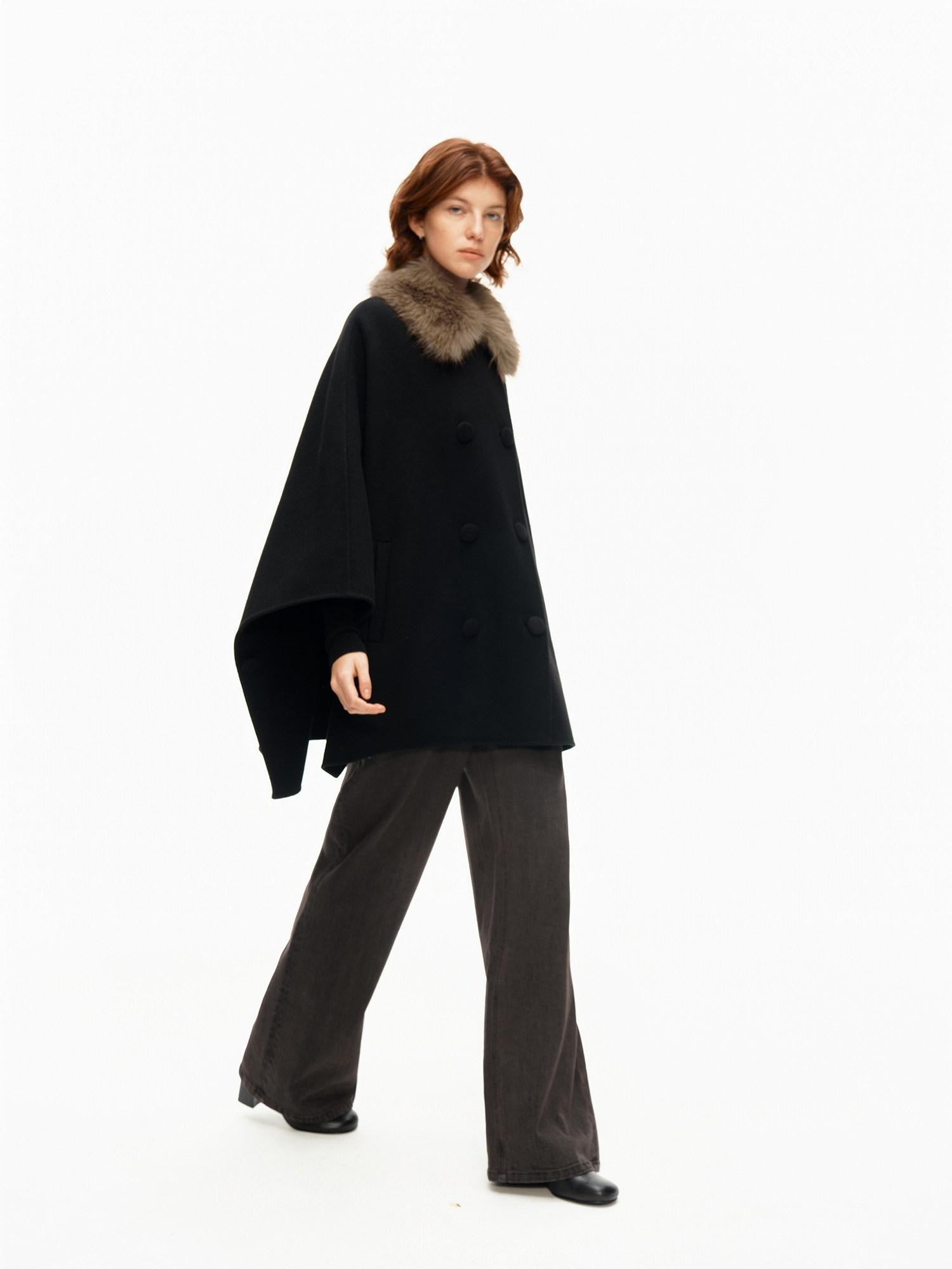 Northbutsouth Detachable Fur Collar Cape Batwing Women&