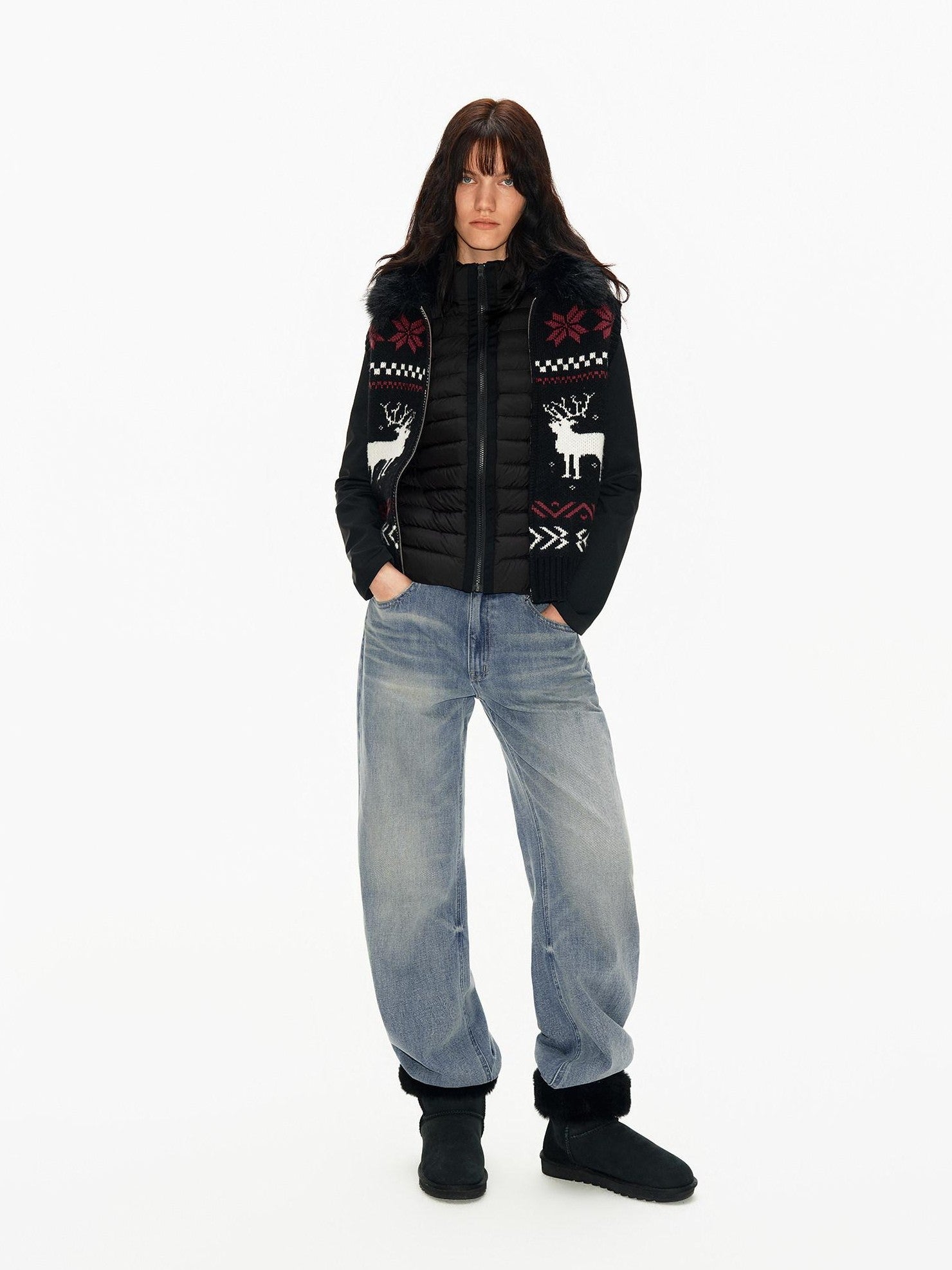 Northbutsouth Detachable Fur Collar Fair Isle Reindeer Knit Women&