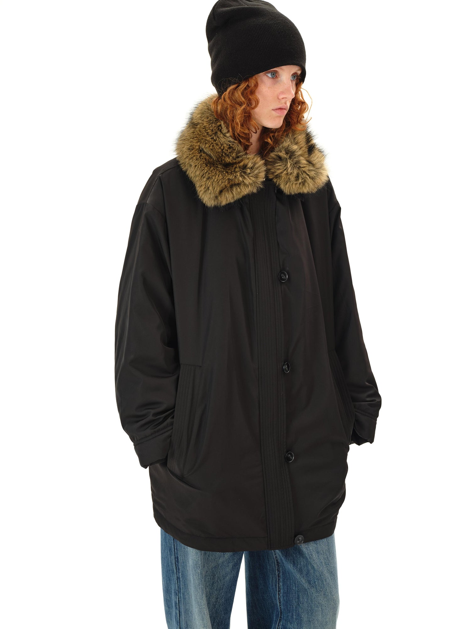 Northbutsouth Detachable Fur Collar Goose Down Long Black Parka