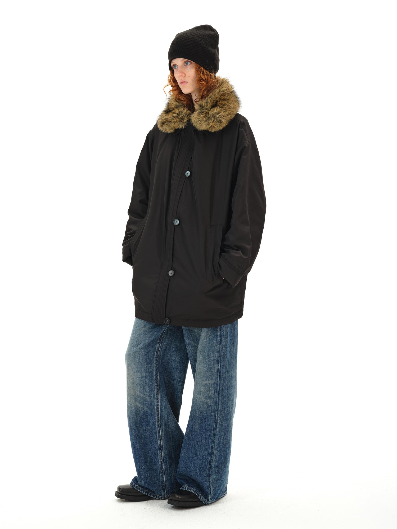 Northbutsouth Detachable Fur Collar Goose Down Long Black Parka