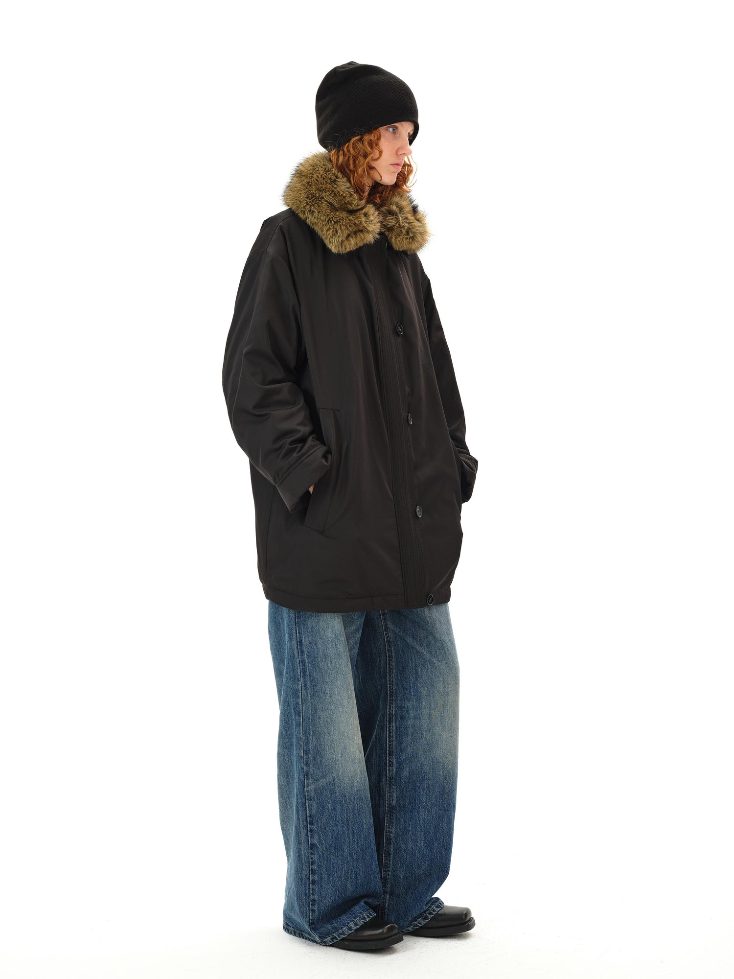 Northbutsouth Detachable Fur Collar Goose Down Long Black Parka