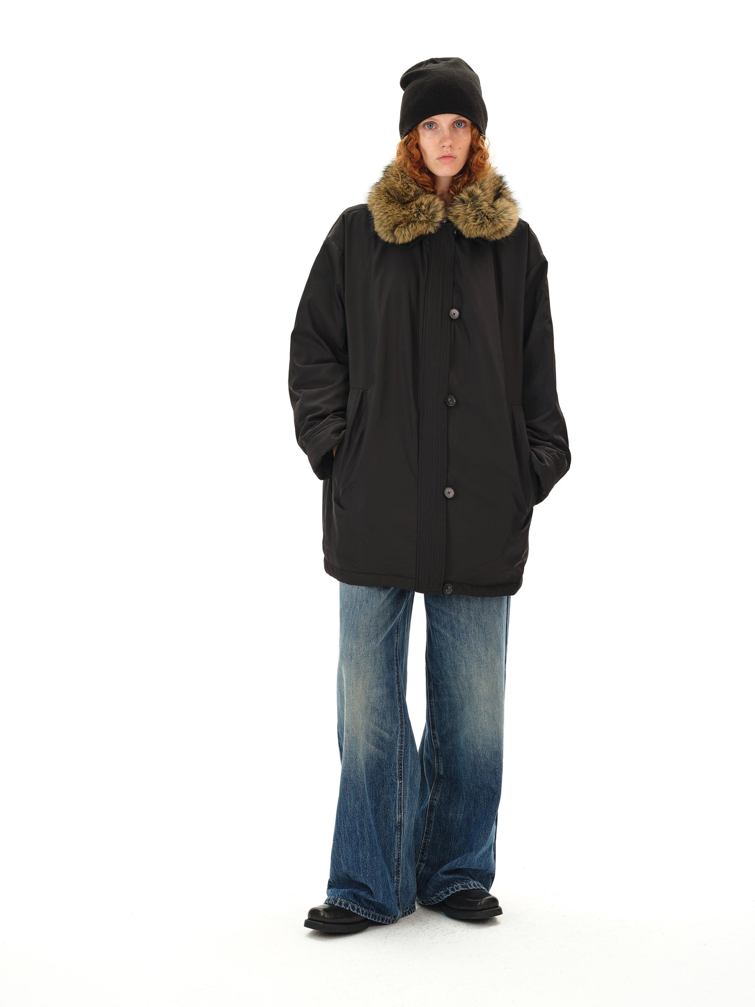 Northbutsouth Detachable Fur Collar Goose Down Long Black Parka
