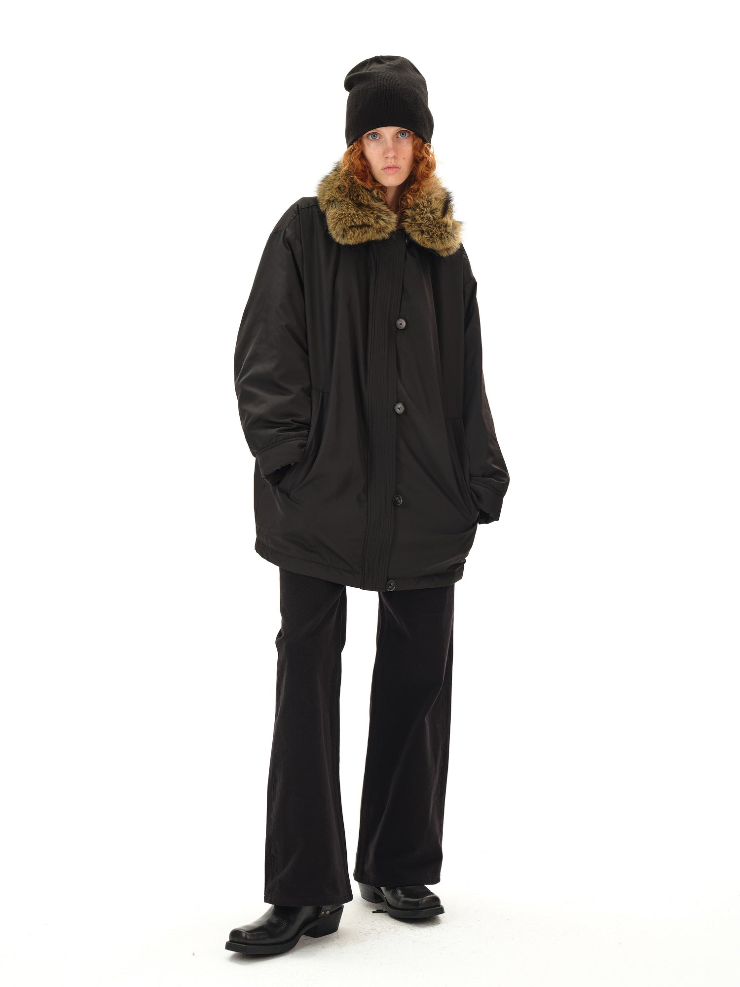 Northbutsouth Detachable Fur Collar Goose Down Long Black Parka