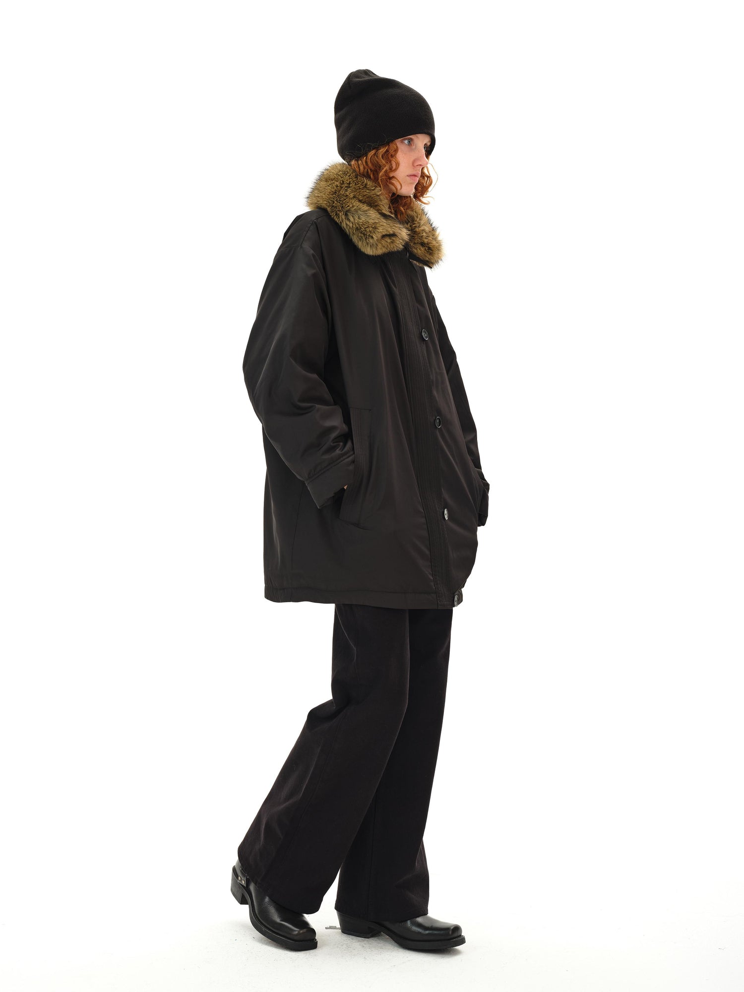 Northbutsouth Detachable Fur Collar Goose Down Long Black Parka