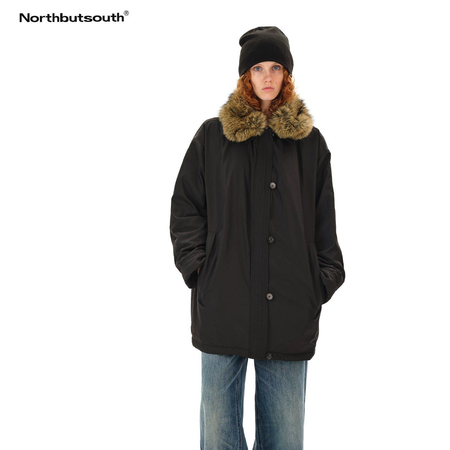 Northbutsouth Detachable Fur Collar Goose Down Long Black Parka MISSTT