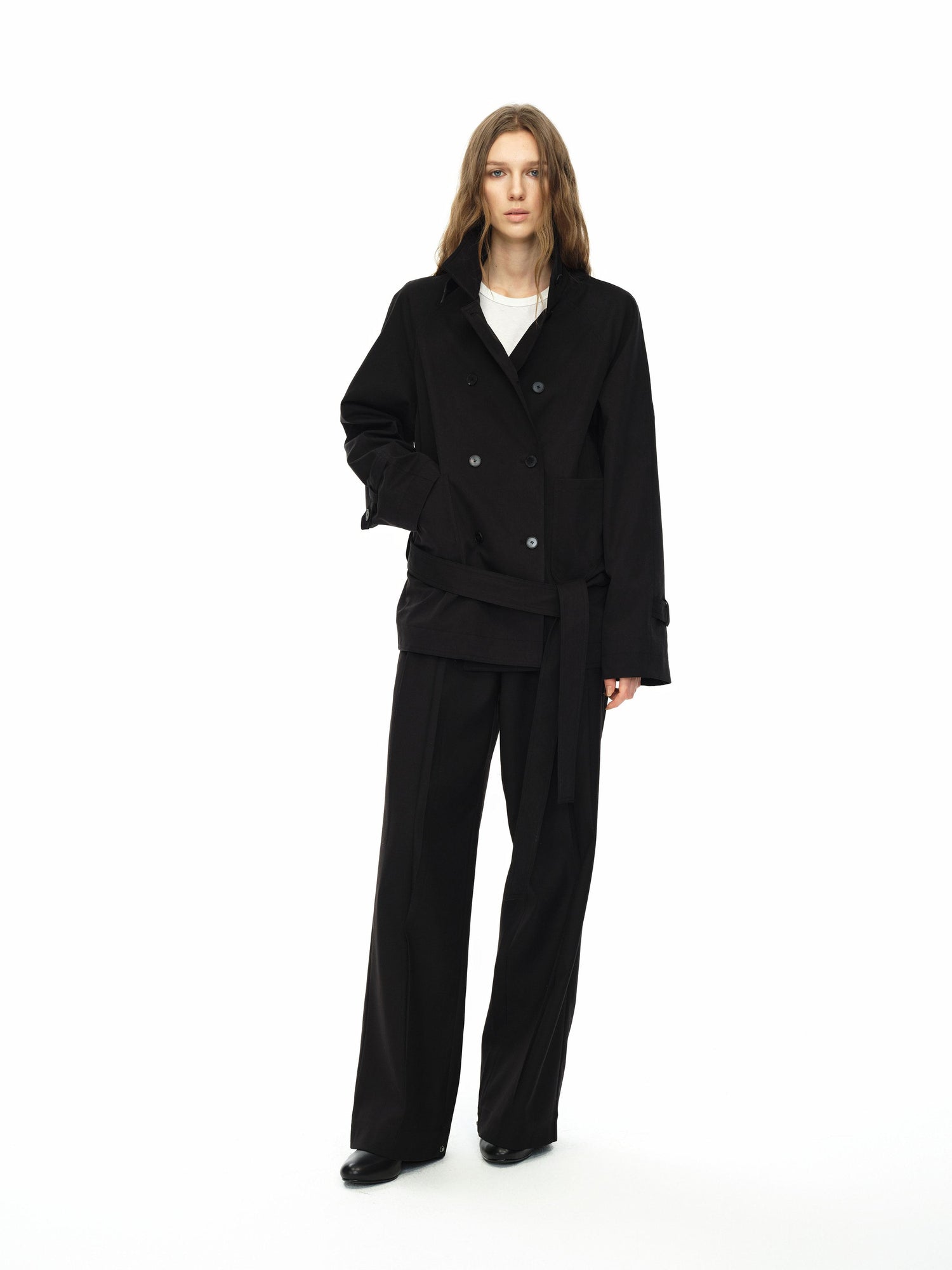 Northbutsouth Double Breasted Tied Waist Short Coat With Detachable Belt