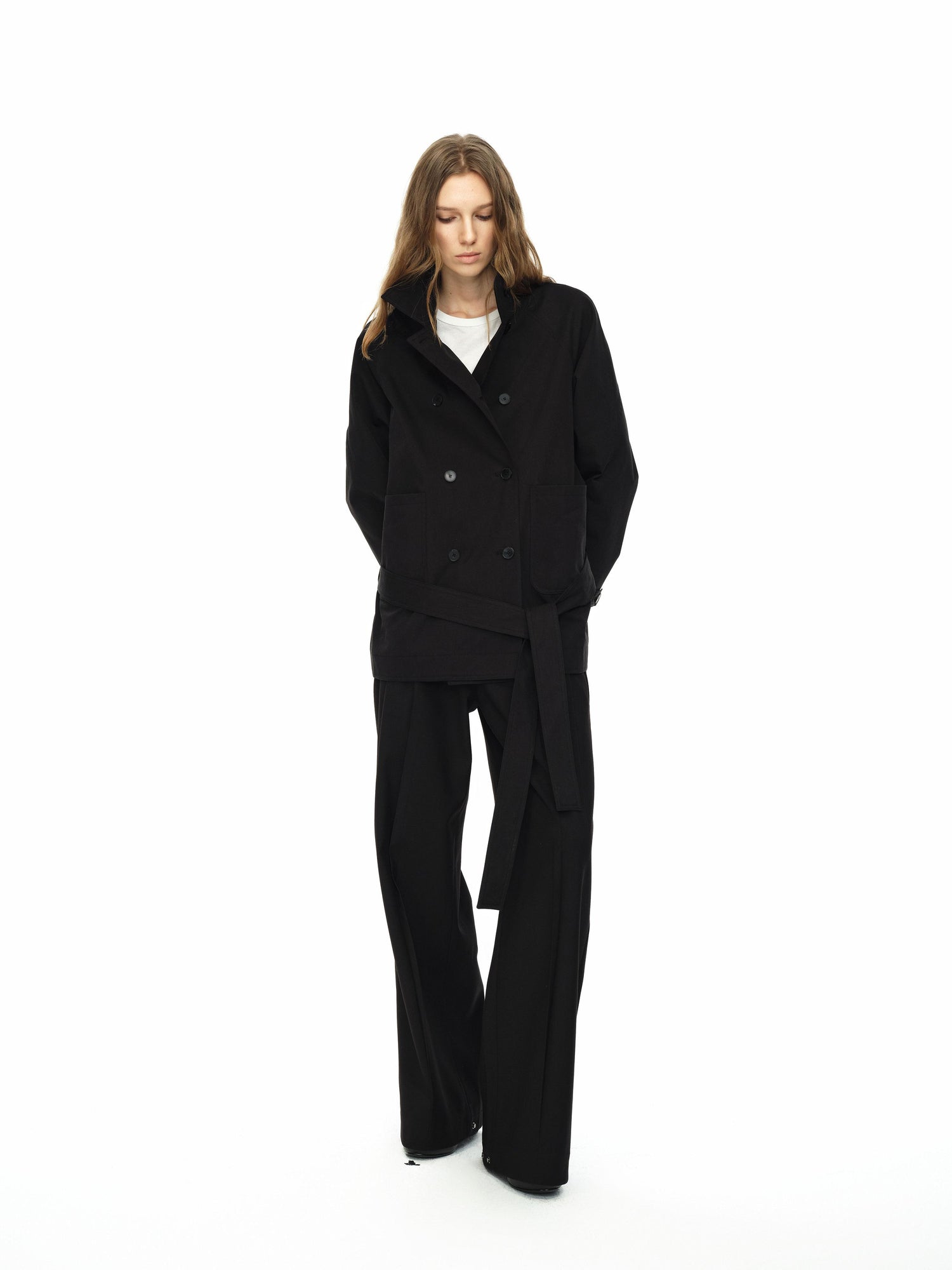 Northbutsouth Double Breasted Tied Waist Short Coat With Detachable Belt