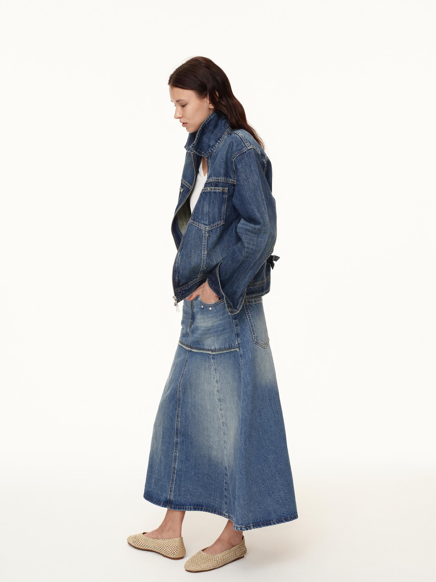 Northbutsouth Double Zip Rivet Denim Jacket With Paris Button