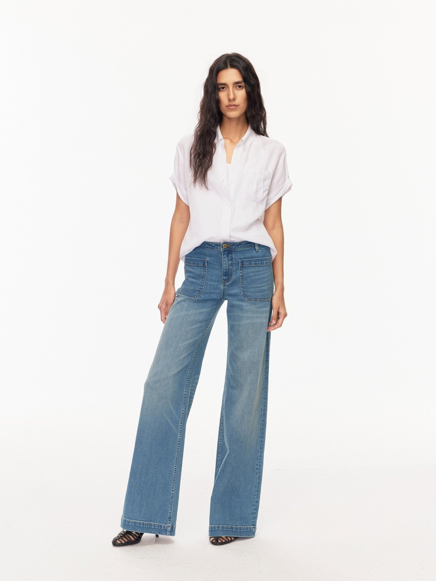 Northbutsouth Drapey Loose Roll Up Sleeve Lapel Button Women&