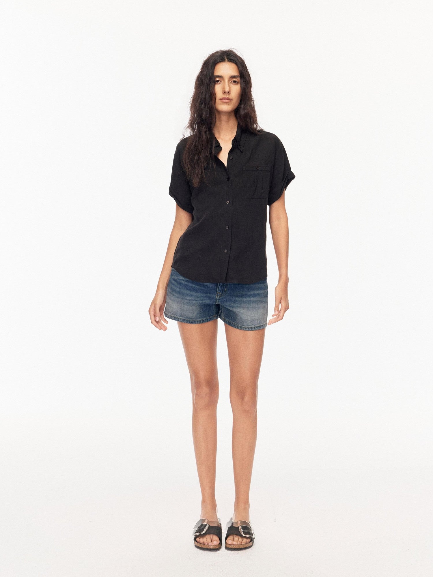 Northbutsouth Drapey Loose Roll Up Sleeve Lapel Button Women&