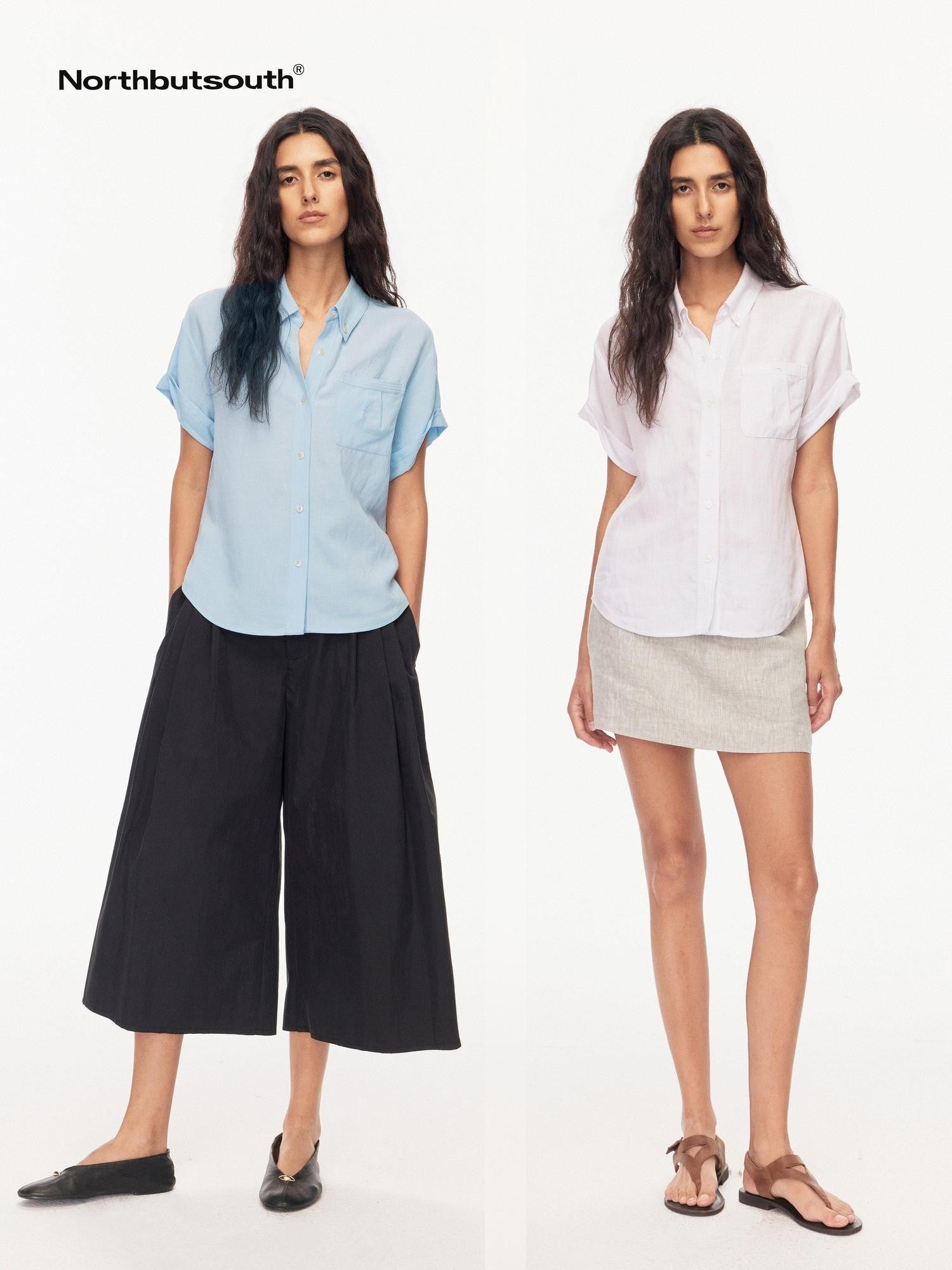 Northbutsouth Drapey Loose Roll Up Sleeve Lapel Button Women&