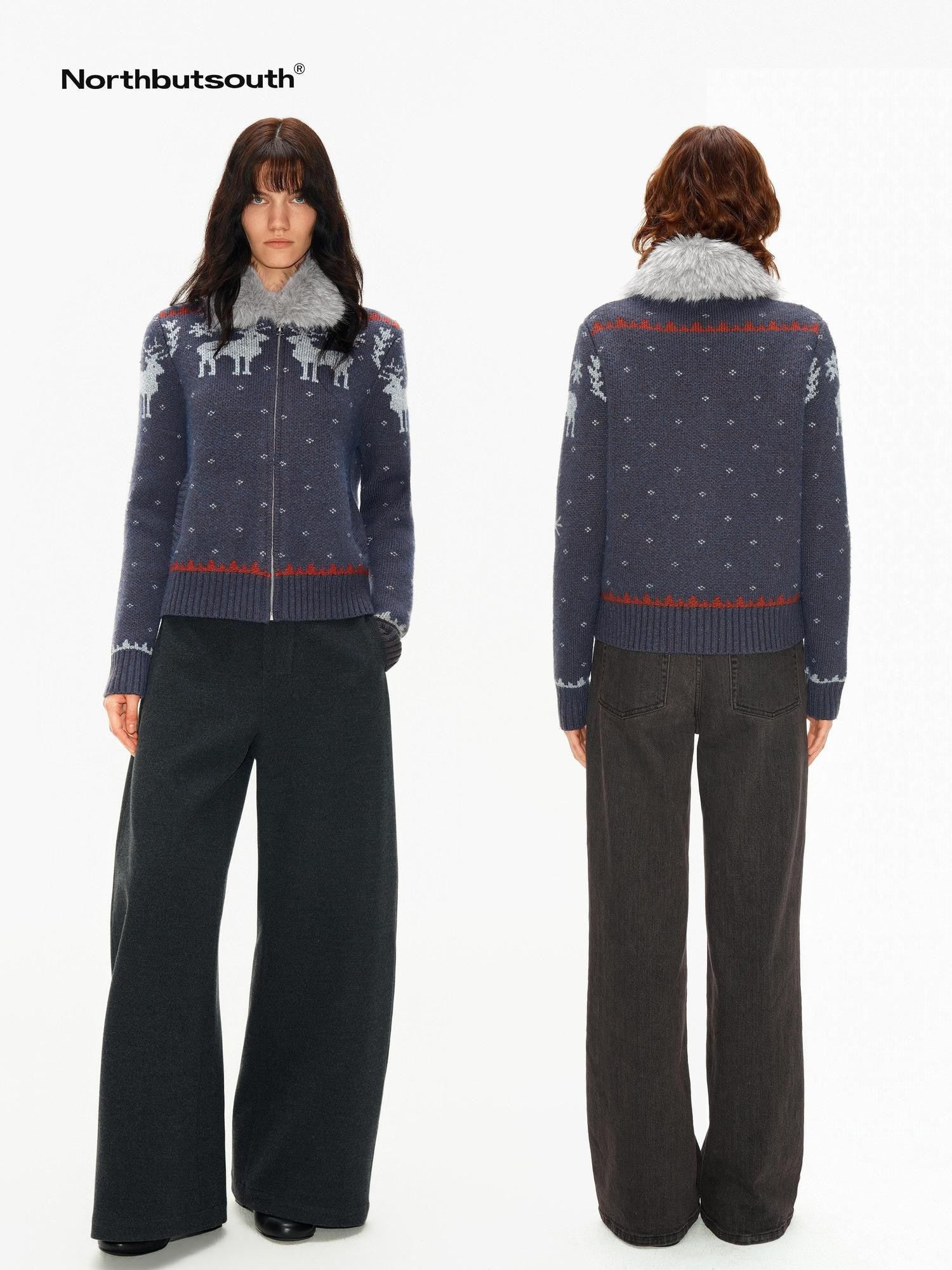 Northbutsouth Fair Isle Detachable Fur Collar Patch Pocket Knit Women&