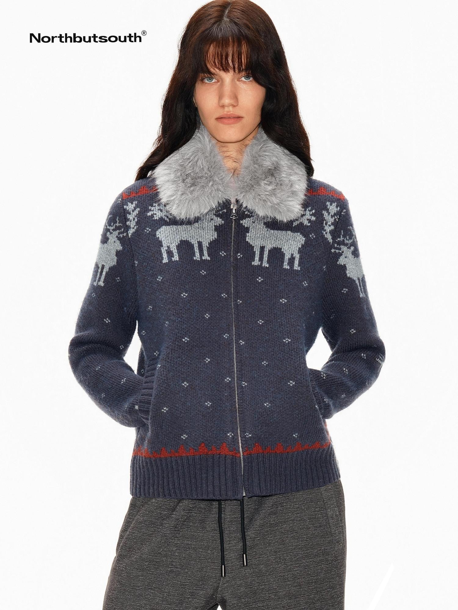 Northbutsouth Fair Isle Detachable Fur Collar Patch Pocket Knit Women&