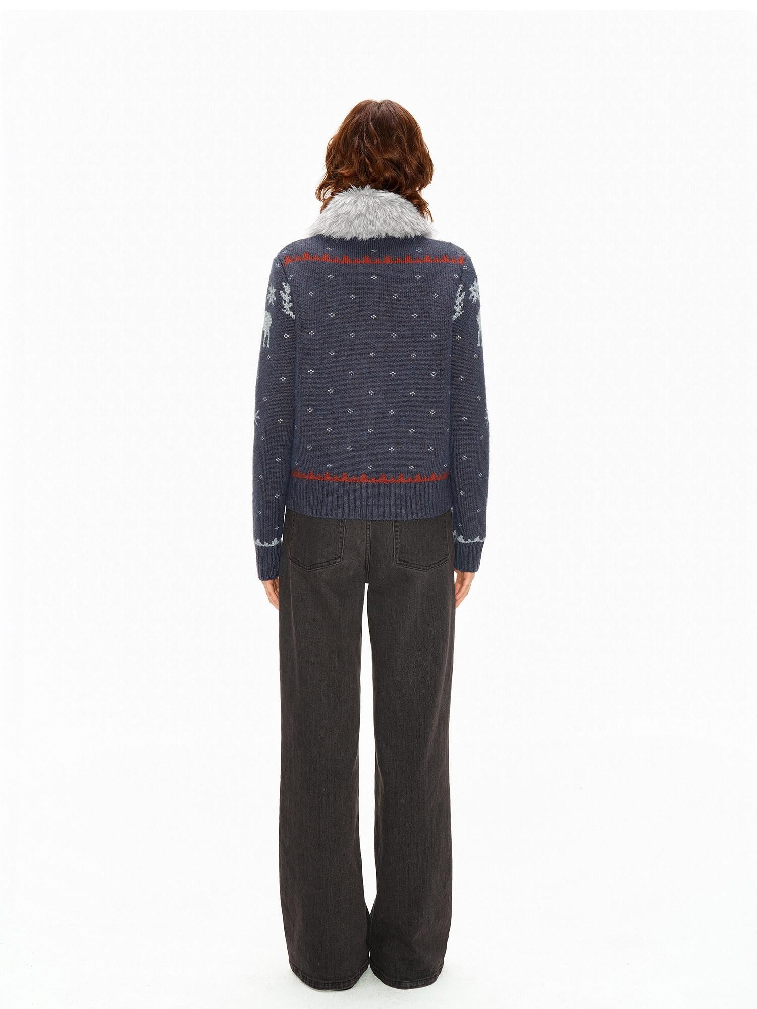 Northbutsouth Fair Isle Detachable Fur Collar Patch Pocket Knit Women&