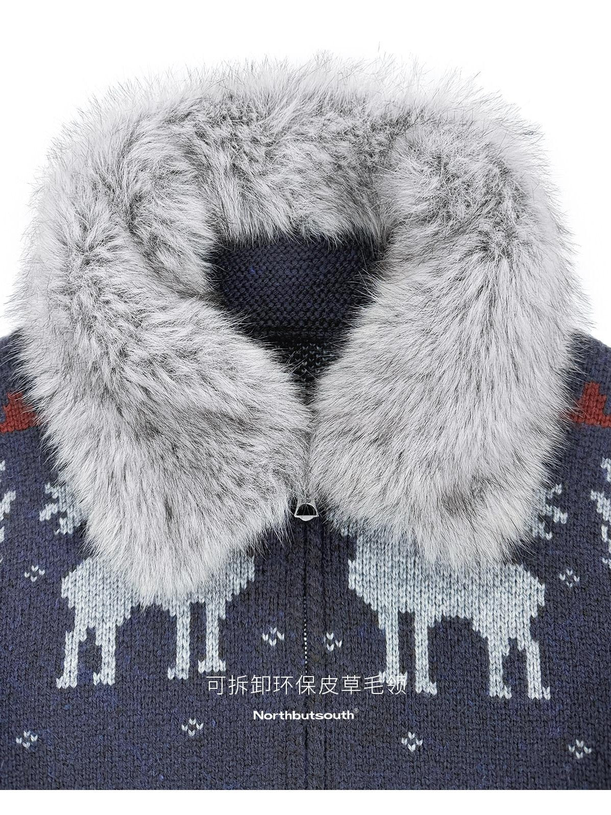 Northbutsouth Fair Isle Detachable Fur Collar Patch Pocket Knit Women&