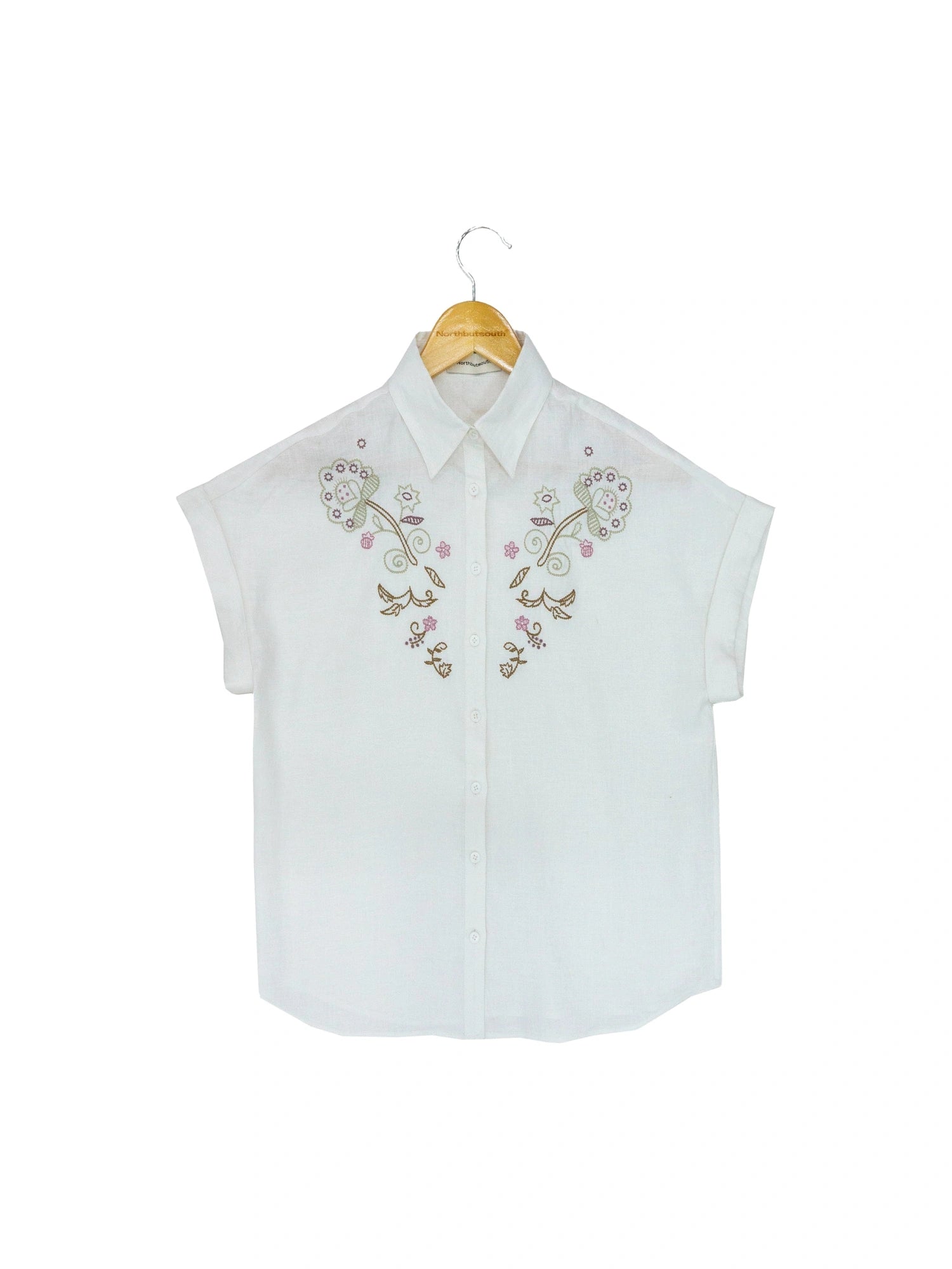 Floral Embroidered Loose Fit Hemp Shirt