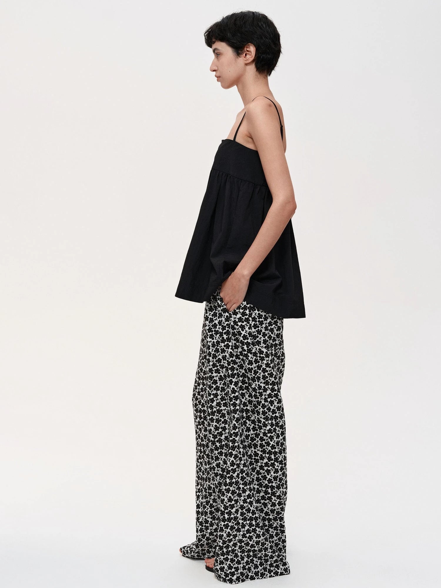 Floral Print Hemp Lyocell Relaxed Trousers with Multiple Buttons