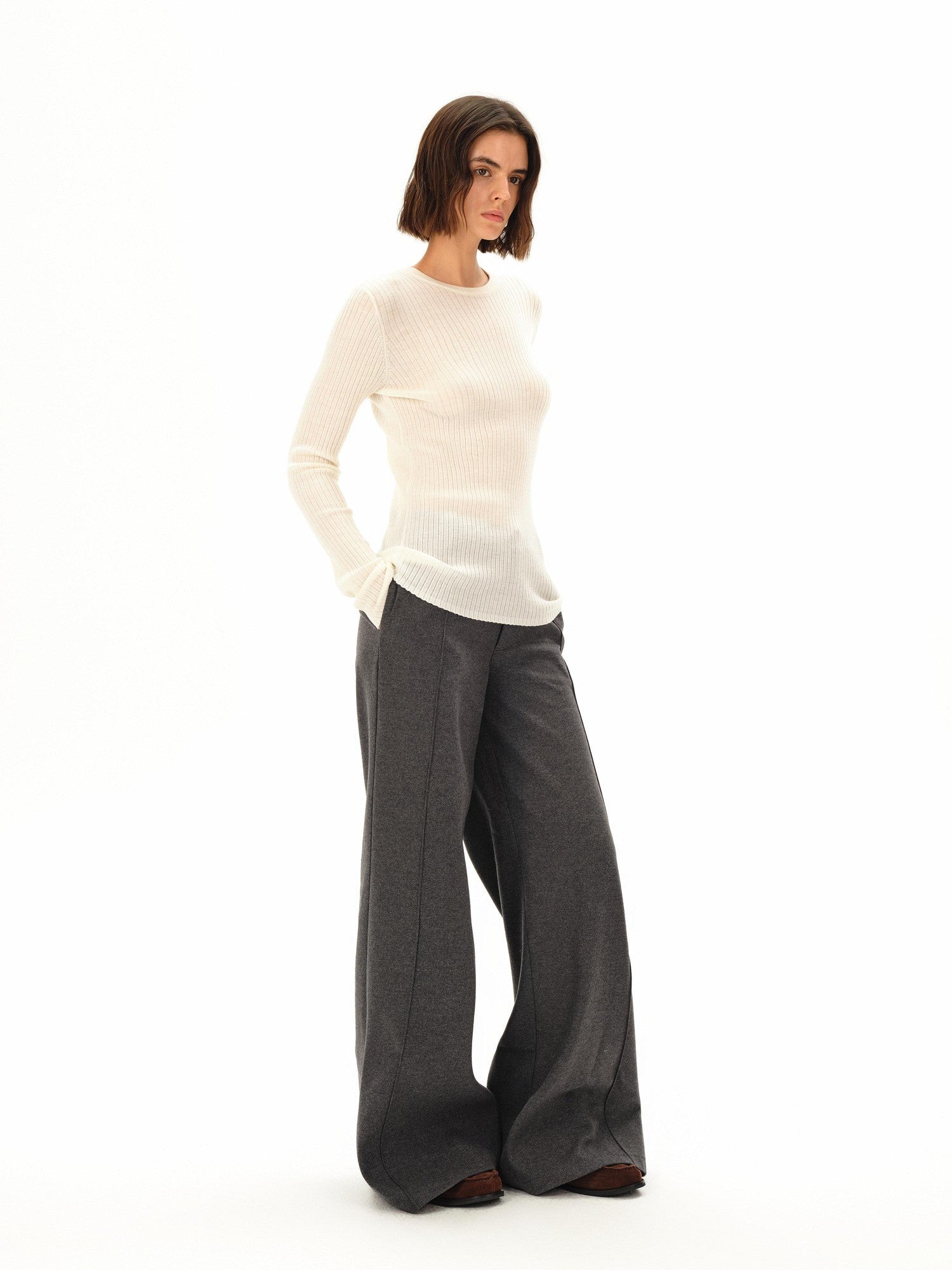 Northbutsouth Gray Tweed Mid Waist Side Seam Wide Leg Women&